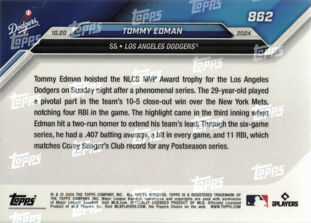 2024 Topps Now #862 Tommy Edman Baseball Card Dodgers - Wins NLCS MVP Award - Only 2,564 made!