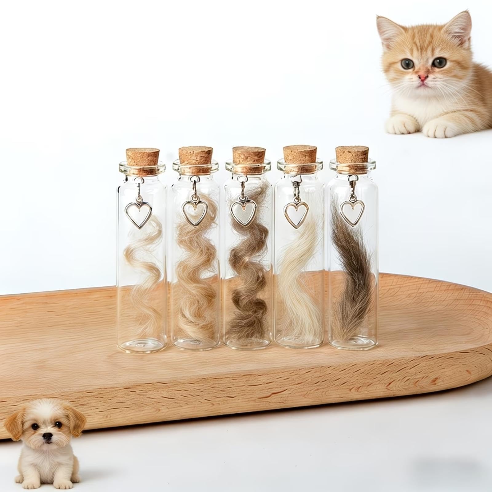 VBRYUAW 5PCS Pet Hair Memorial Glass Bottle Memorial Glass Bottles Wishing Bottle with Heart Pendants and Cork Stopper Vial for Ashes or Hair Dog or Cat Keepsake Pet Loss Memory Sympathy Gift
