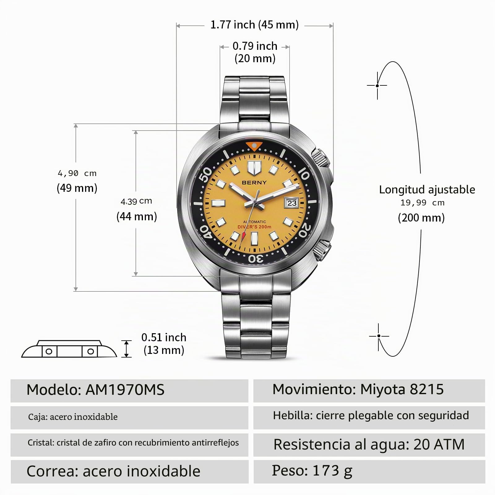 BERNY Relojes Hombres Reloj Automático 20ATM Reloj De Buceo Impermeable Reloj De Pulsera Mecánico Analógico para Hombres con Recubrimiento AR Súper Luminoso Lente De Zafiro Relojes De Moda