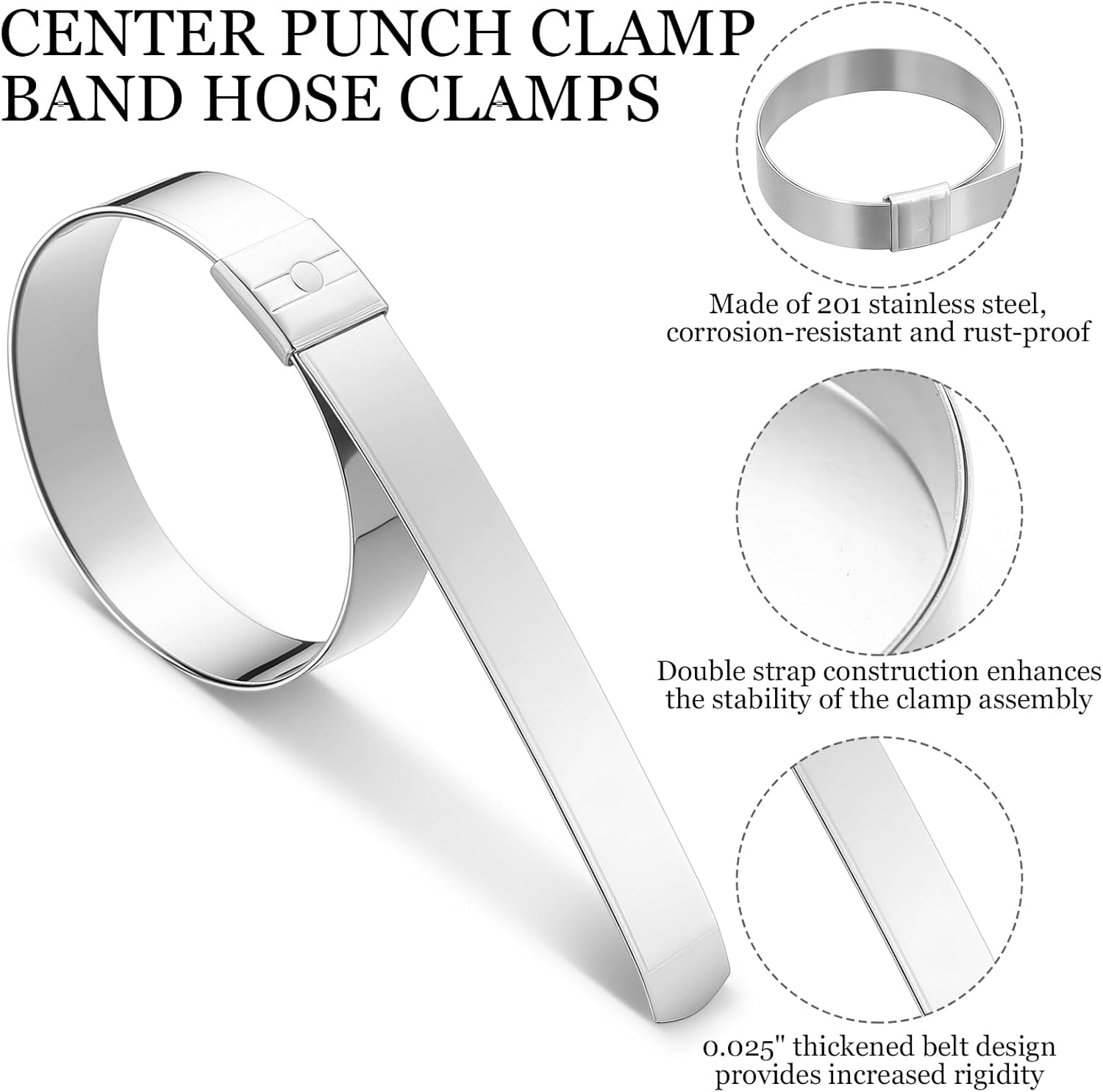 Duraaamo 25 Pack 5/8" Wide x 2-1/2" Diameter x 0.025" Thick Center Punch Clamps Band Hose Clamps 201 Stainless Steel Pre-formed for Hose Ducting Pipe Cable Management & More
