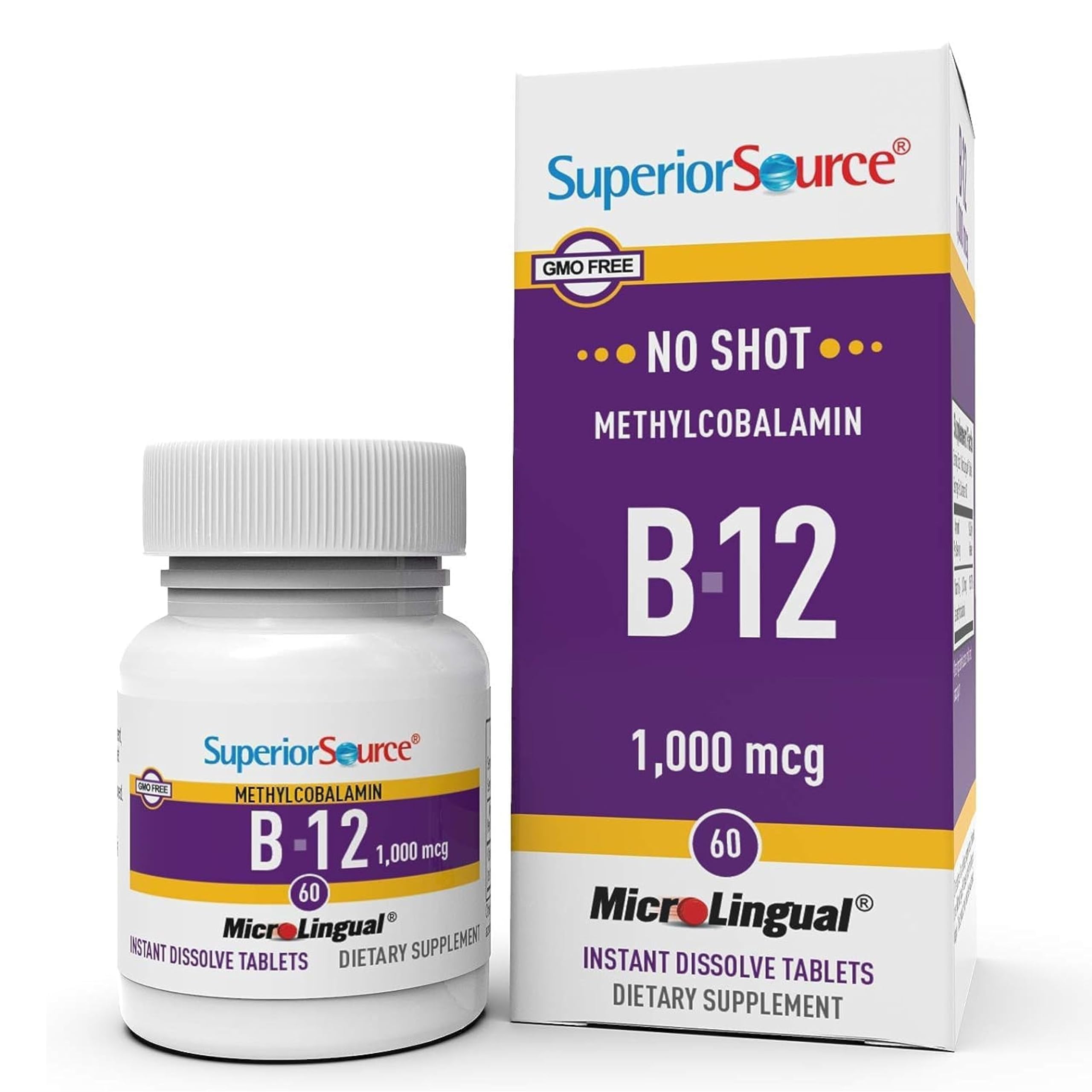 No Shot Methylcobalamin B-12 1,000 mcg - Vitamin B-12 to Support Energy Production, Brain Health & Overall Wellness - Sublingual Tablets for Rapid Absorption - 60 Dissolving Tablets
