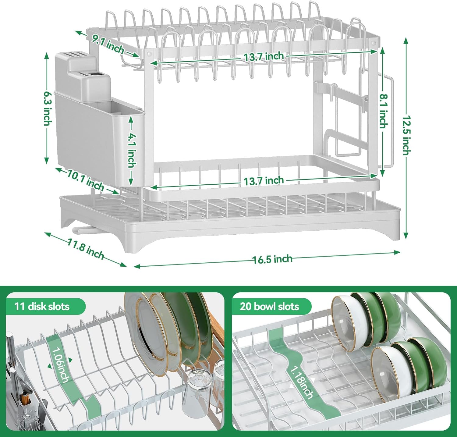 2-Tier Dish Drying Rack with Drainboard, Sink & Countertop Metal Dish Rack Organizer, Dish Drainers for Kitchen Counter, White Dish Racks