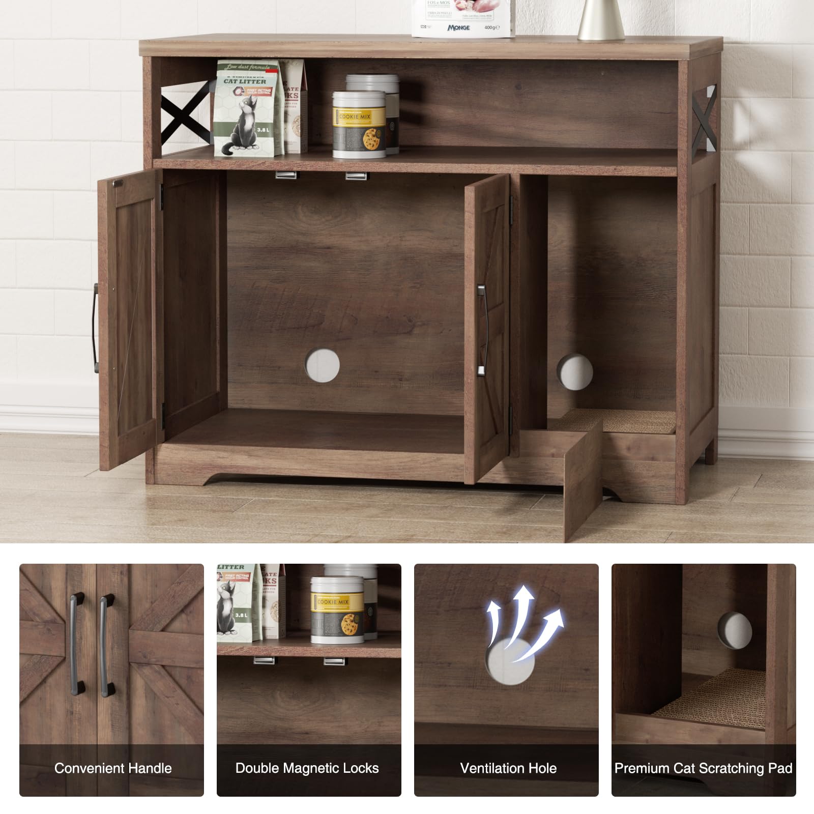 Cat Litter Box Enclosure, Hidden Litter Box Furniture with Scratch Pad, Farmhouse Indoor Cat House Washroom End Table, Retro Brown - image 5