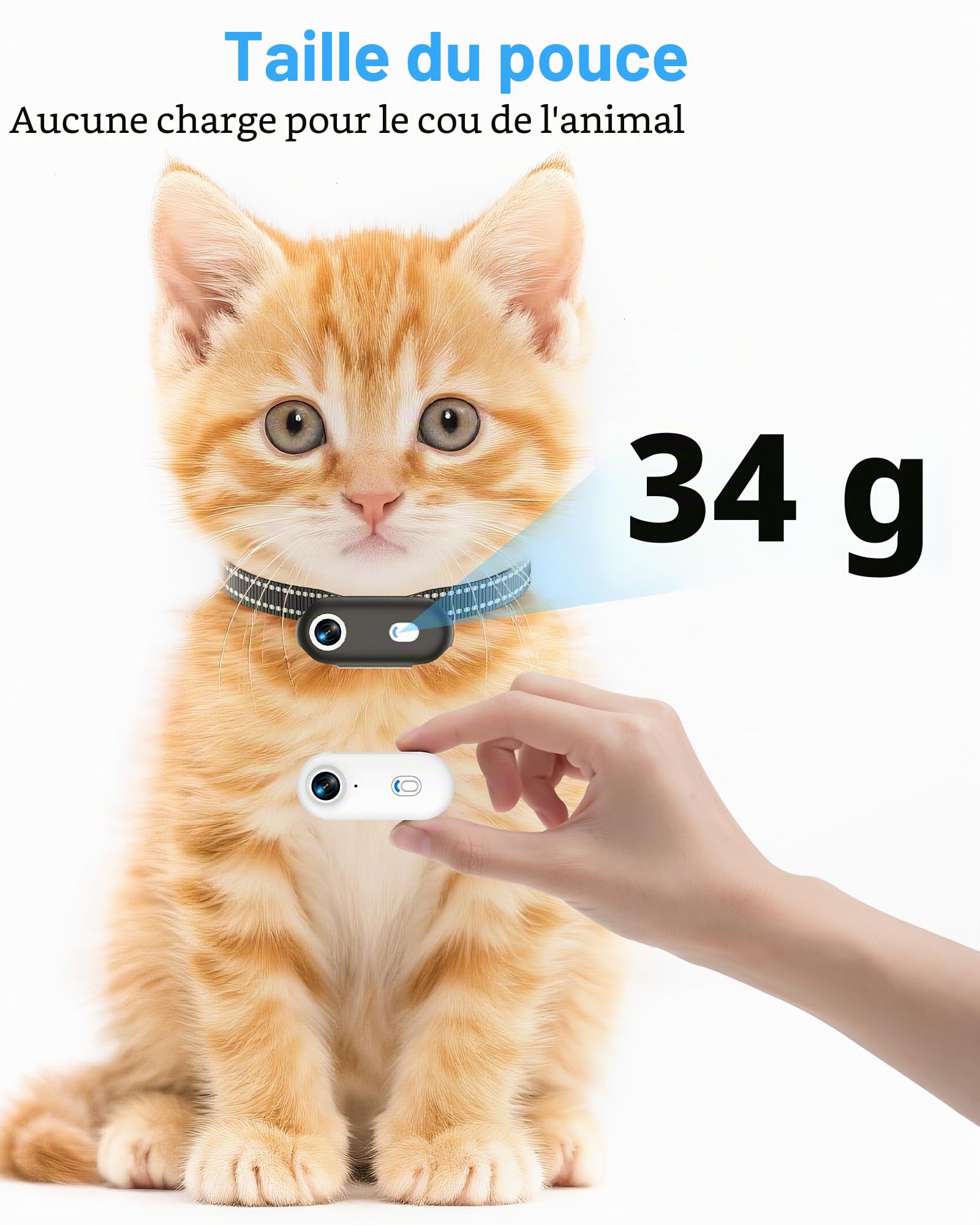 Collier pour caméra pour chat avec application pour téléphone, enregistrement vidéo HD 1080p, caméra POV pour chiens et grands chats, collier sans fil avec visualisation de l'application (collier XS)