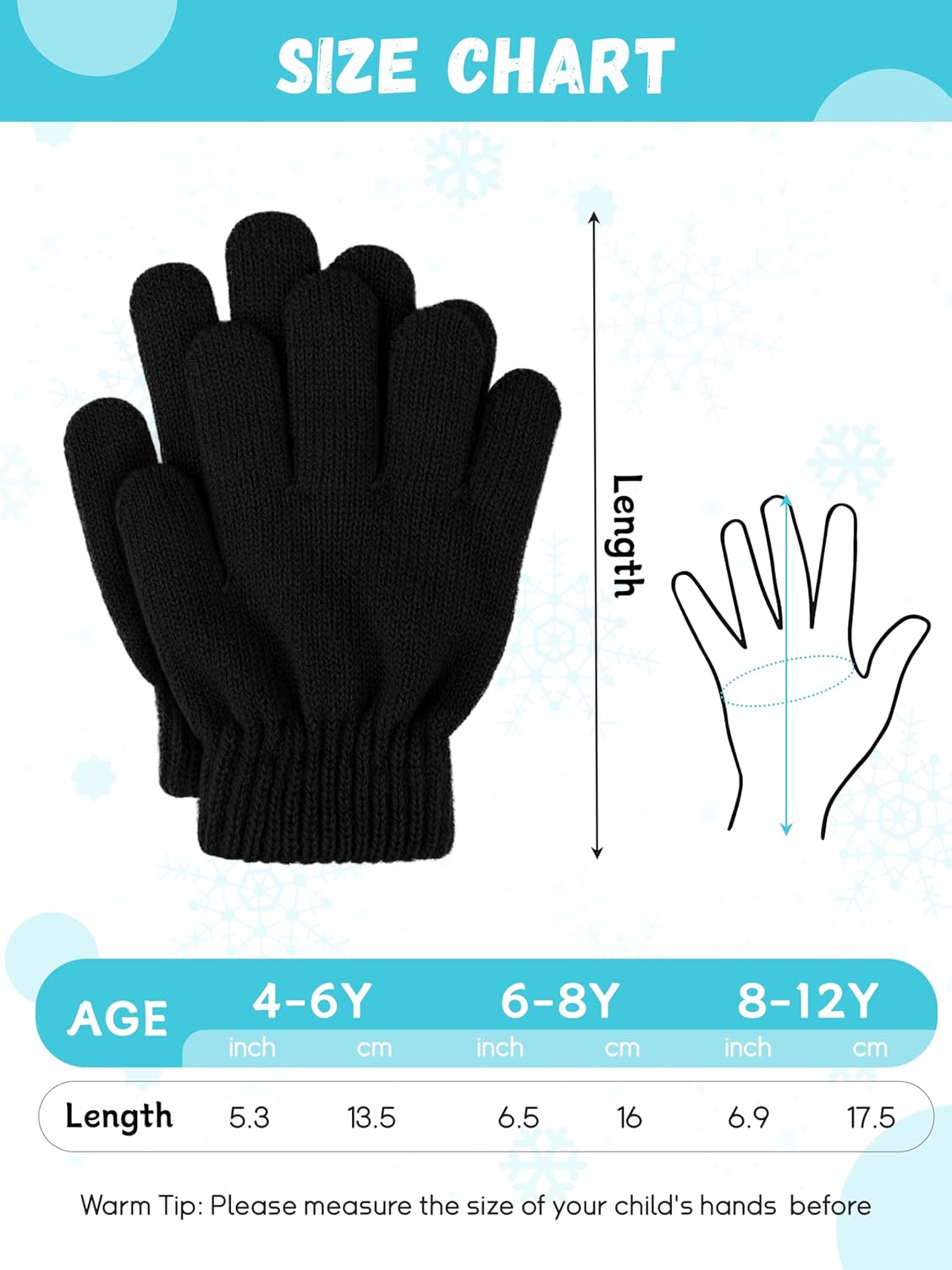Glooarm 3 Pairs Kids Gloves Winter Gloves Thick Cashmere Magic Gloves Knit Stretchy Warm Gloves Boys Girls 4-14 Years - Image 2
