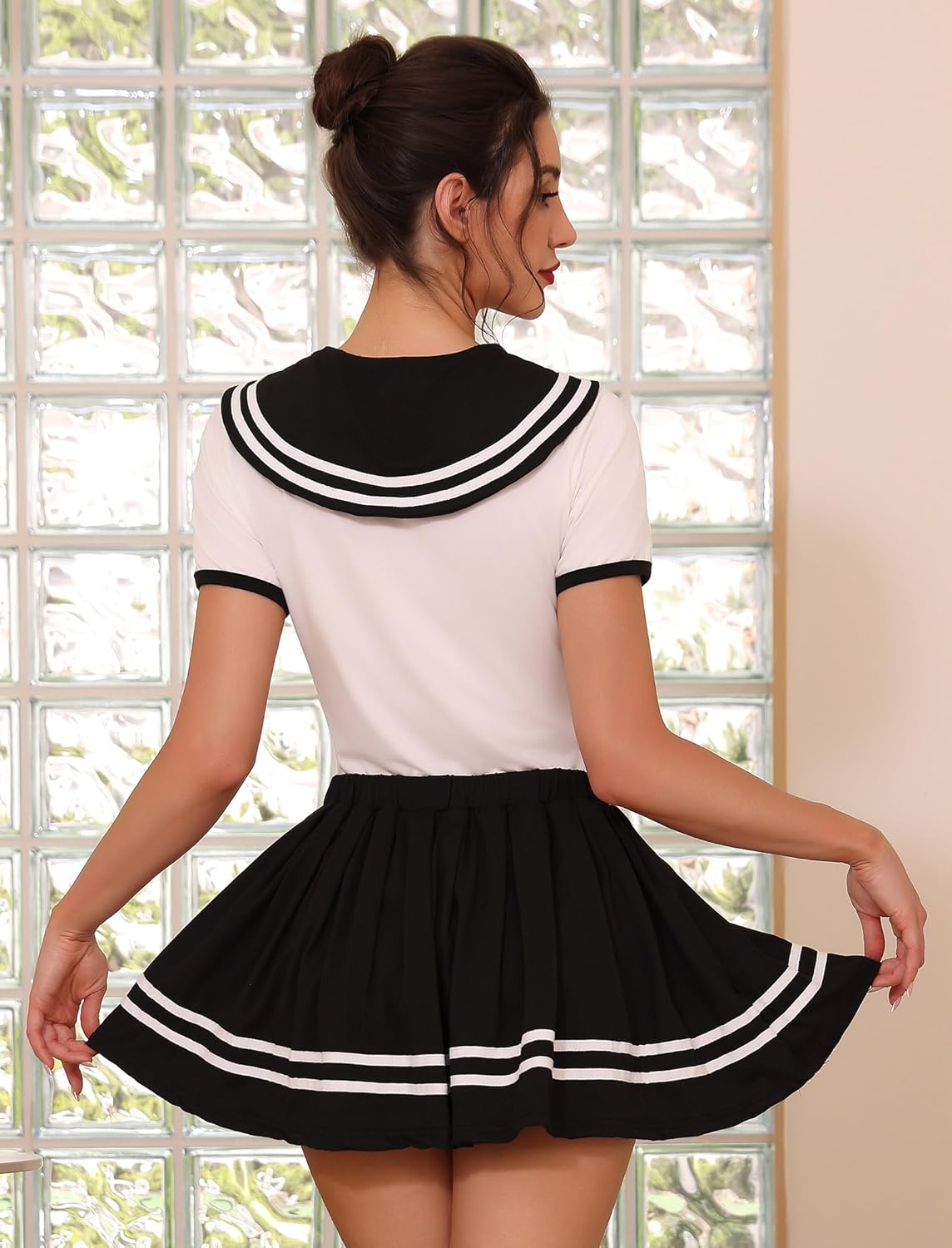 ABAFIP Women Cute Romper Dress Short Sleeve Pajama Bodysuit Pleated Skirt Sailor Outfits Nightwear set - Image 3