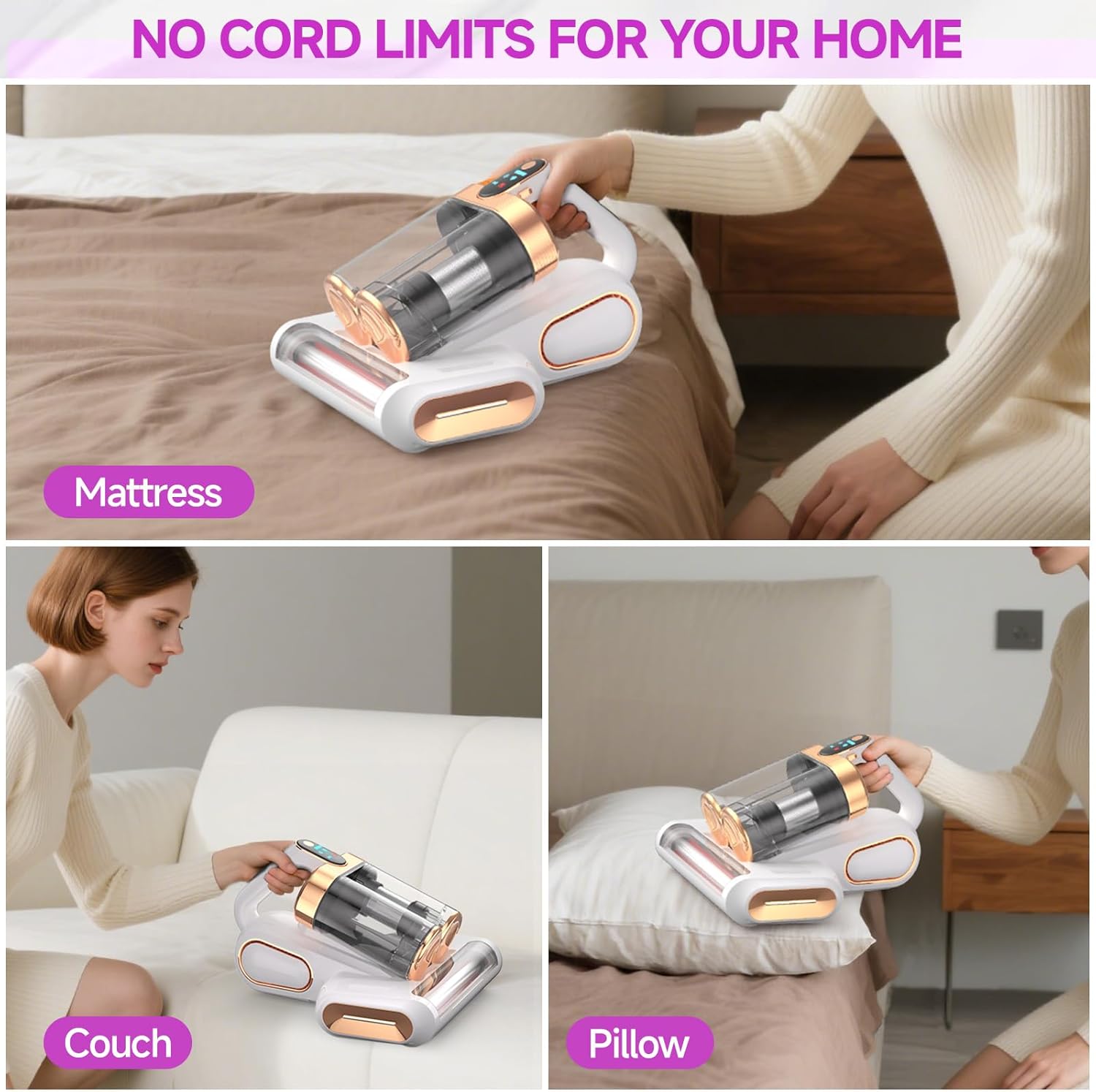 Mattress Vacuum Cleaner - 16Kpa Bed Vacuum with 253.7nm UV-C Light, 140°F Heat, Ultrasonic Tech & Hepa Filter, Portable Handheld Couch Cleaners for Pet Carpet Sofa Hair Home (White/G-Cordless)