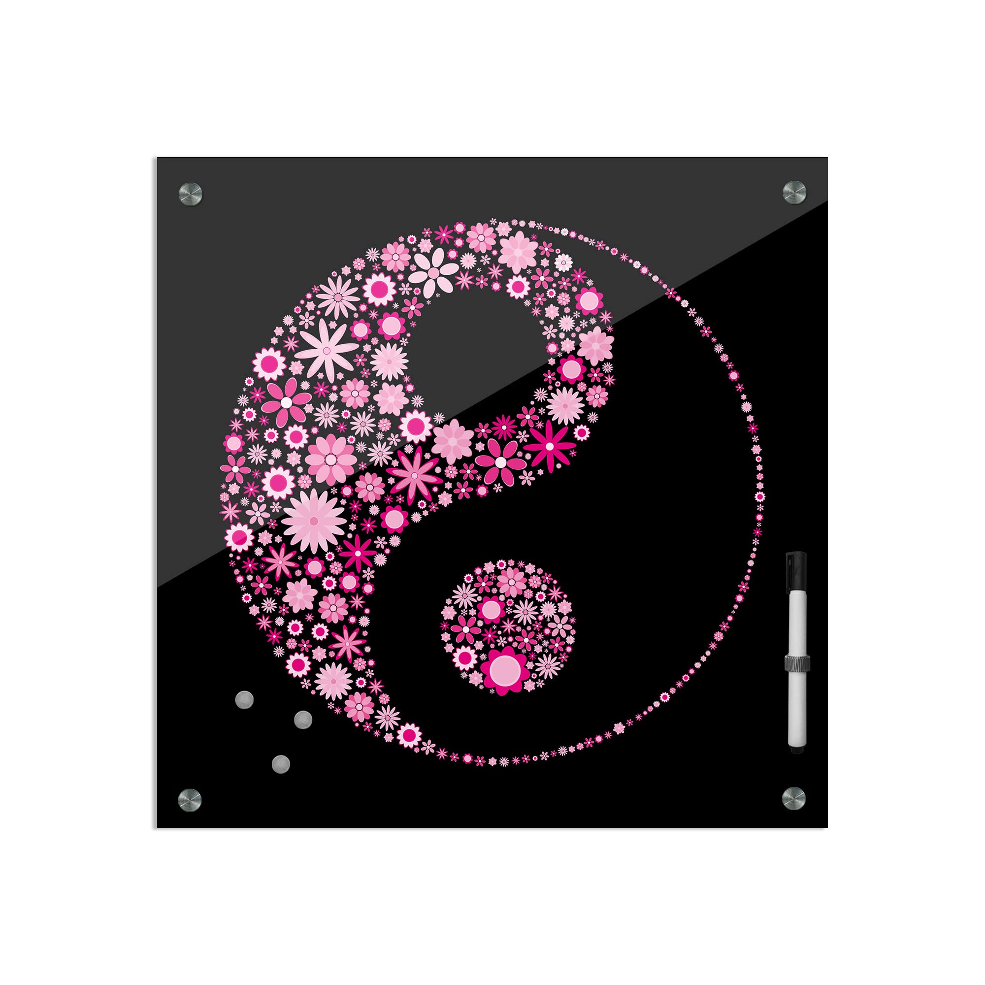 Bilderdepot24 Lavagna magnetica 40 x 40 cm | Ying-Yang fiori | Lavagnetta magnetica in vetro lavabile con supporto a penna magnetica | per ufficio, cucina, soggiorno | 1321a