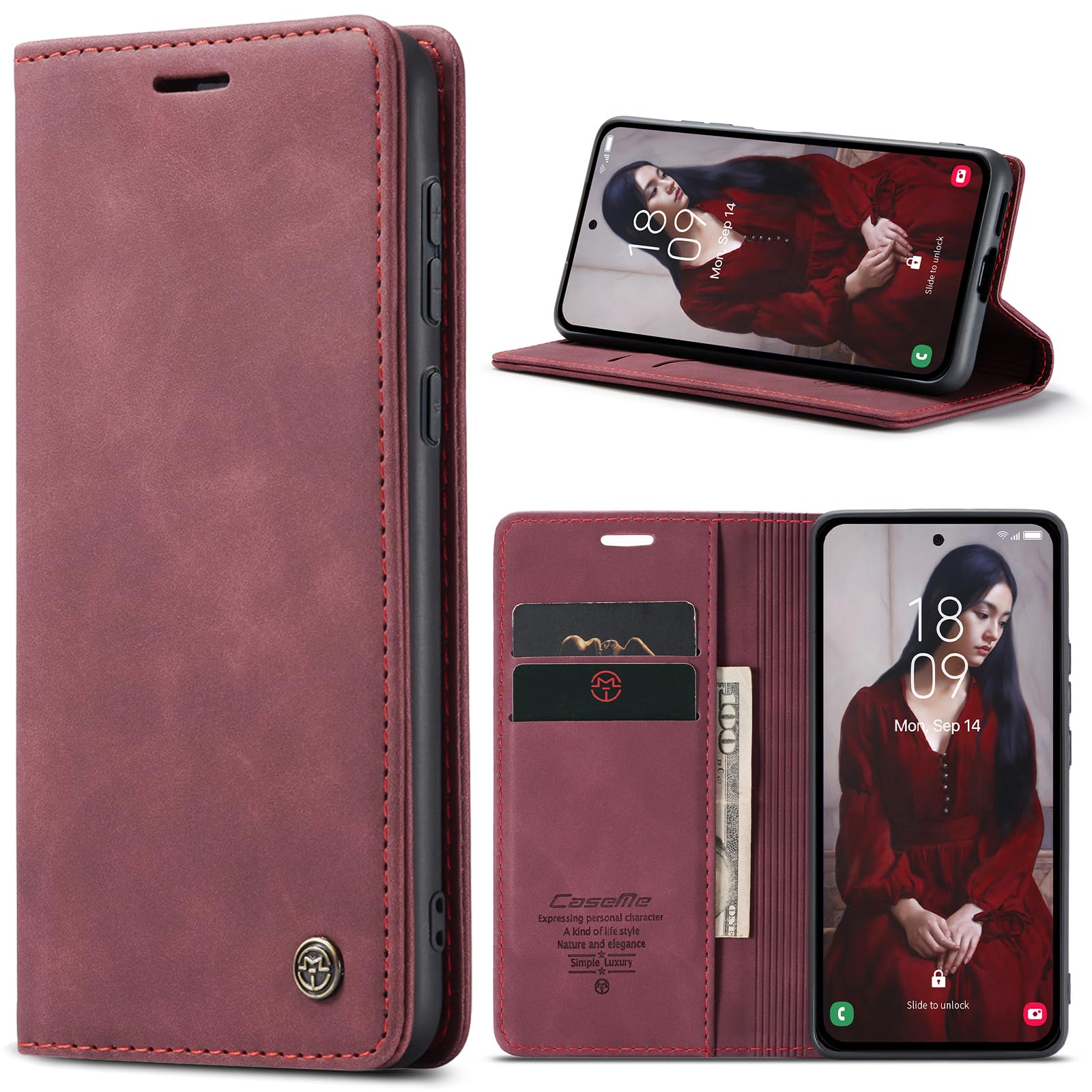 Azororo Cover per Samsung Galaxy A55 5G, Premium PU Pelle Custodia, Magnetica Carta Fessura Portafoglio Case, Flip Cavalletto Custodia per Samsung Galaxy A55- Vino Rosso