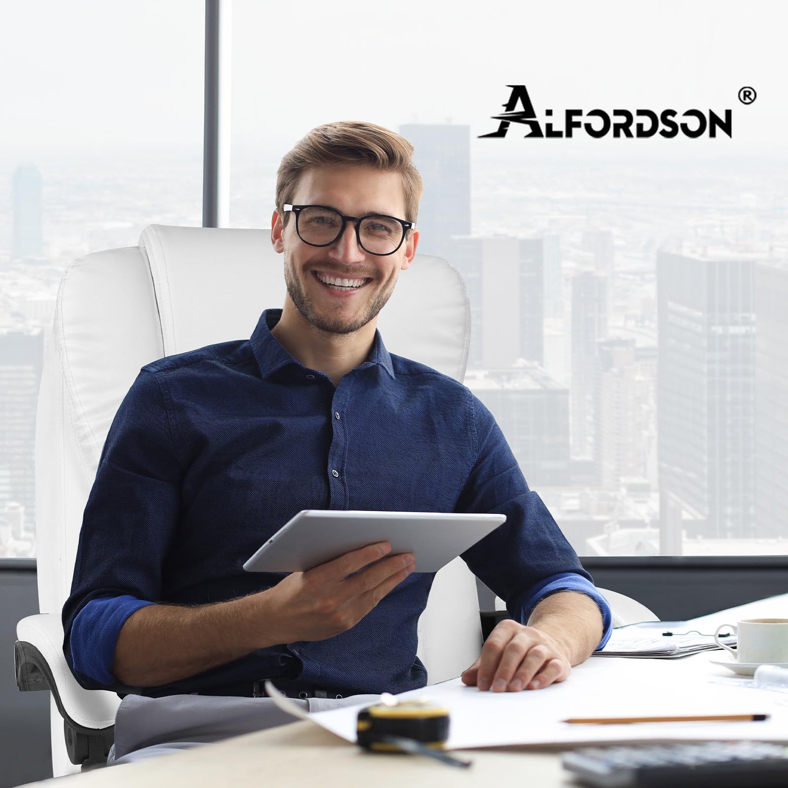 ALFORDSON Silla de Oficina Ejecutiva, Silla de Oficina de Masaje con Respaldo de Palanca, Silla de Escritorio Ergonómica con Gran Acolchado, Sillón, Silla Giratoria, Cuero PU, Blanco