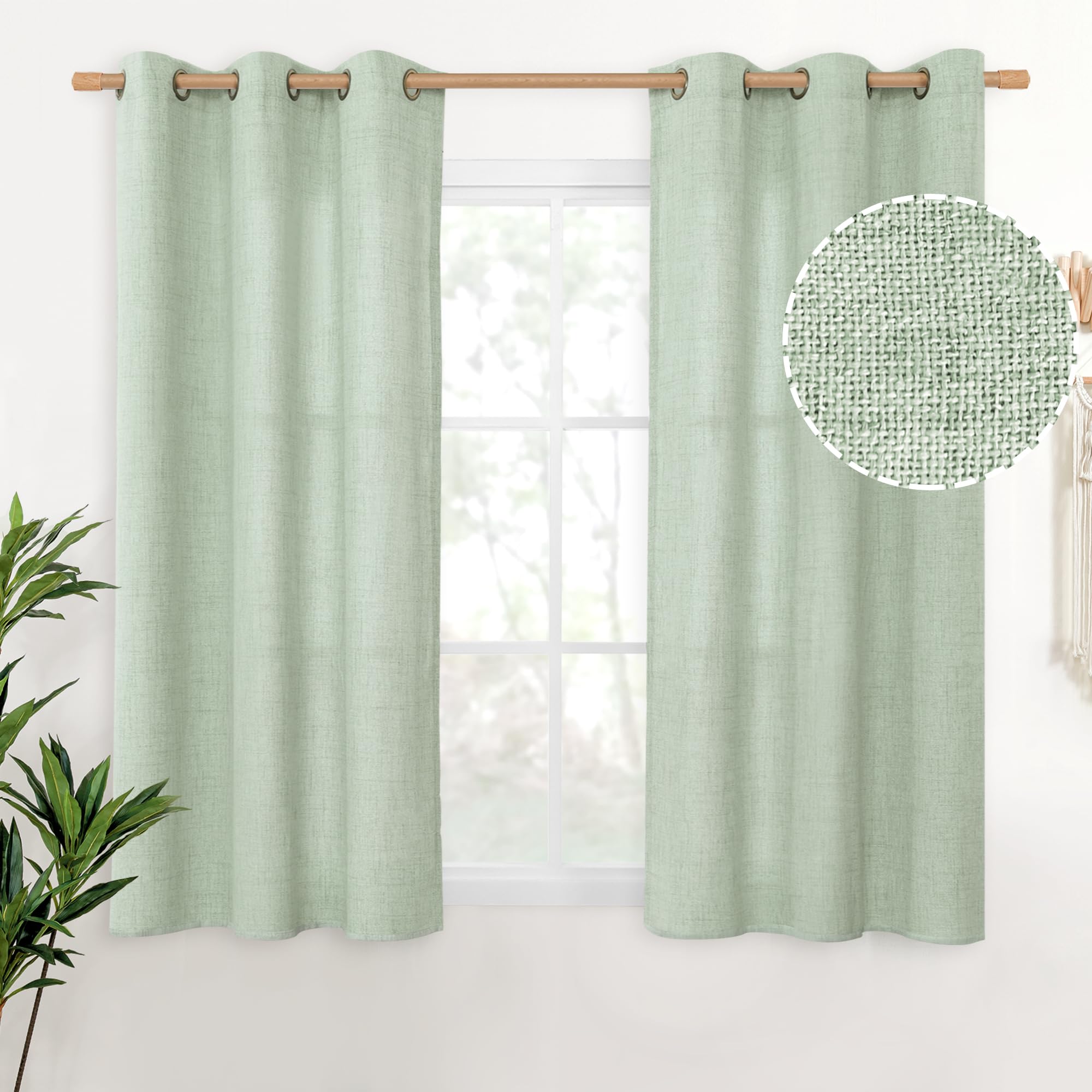 YoungsTex Sage Green Linen Curtains 45 Inches Length for Kitchen Window, Textured Semi Sheer Drapes with Bronze Grommet Light Filtering for Bathroom