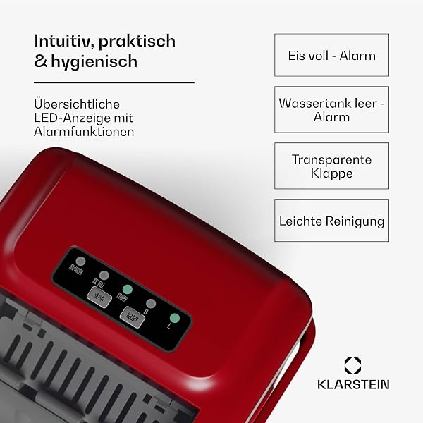 Klarstein Eiswürfelmaschine - 12kg/24h, 2 Würfelgrößen, 1,3L Wassertank, LED-Anzeigen, transparenter Deckel, tragbar, ideal für Partys/Gartenfeste - 3