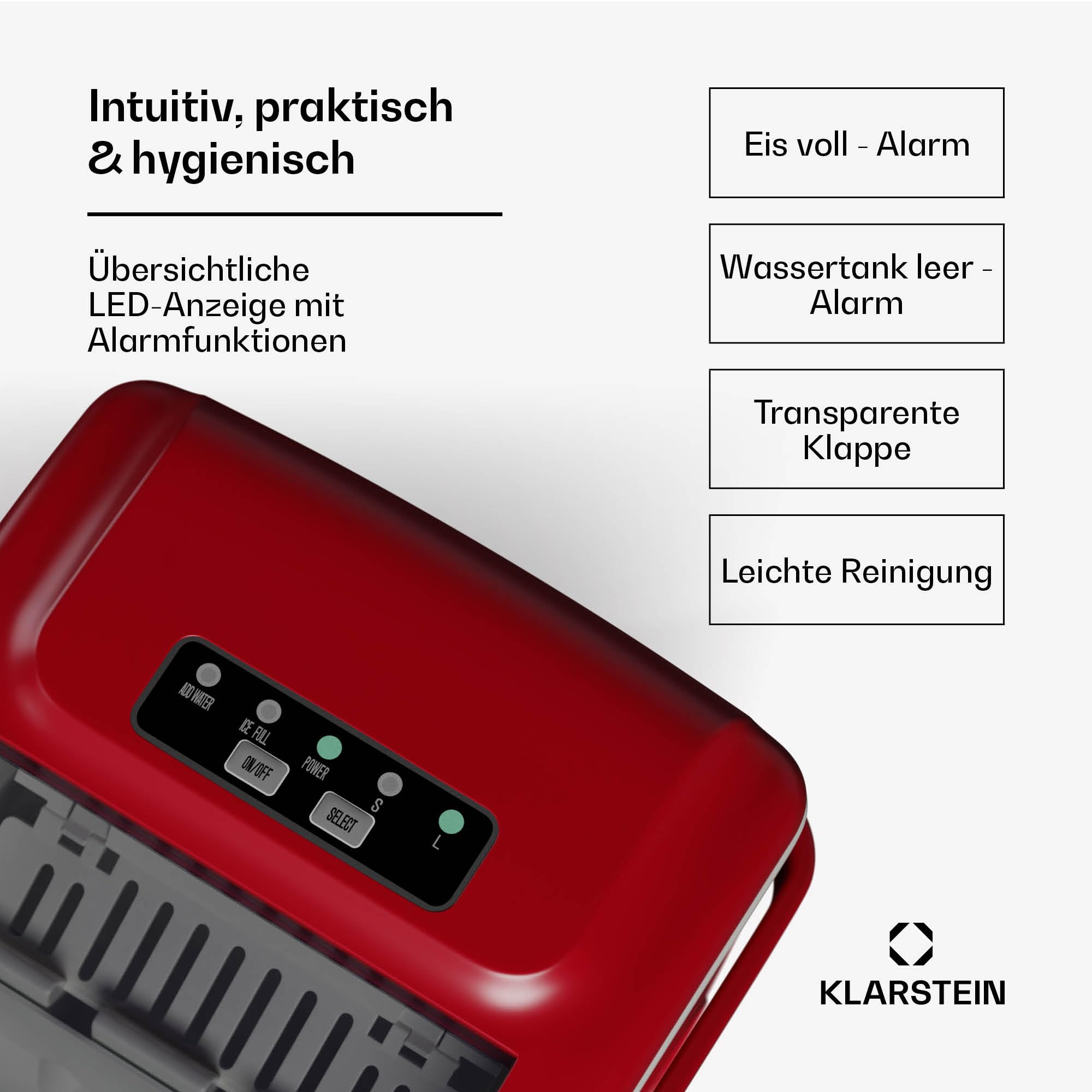 Klarstein Eiswürfelmaschine - 12kg/24h, 2 Würfelgrößen, 1,3L Wassertank, LED-Anzeigen, transparenter Deckel, tragbar, ideal für Partys/Gartenfeste - 3