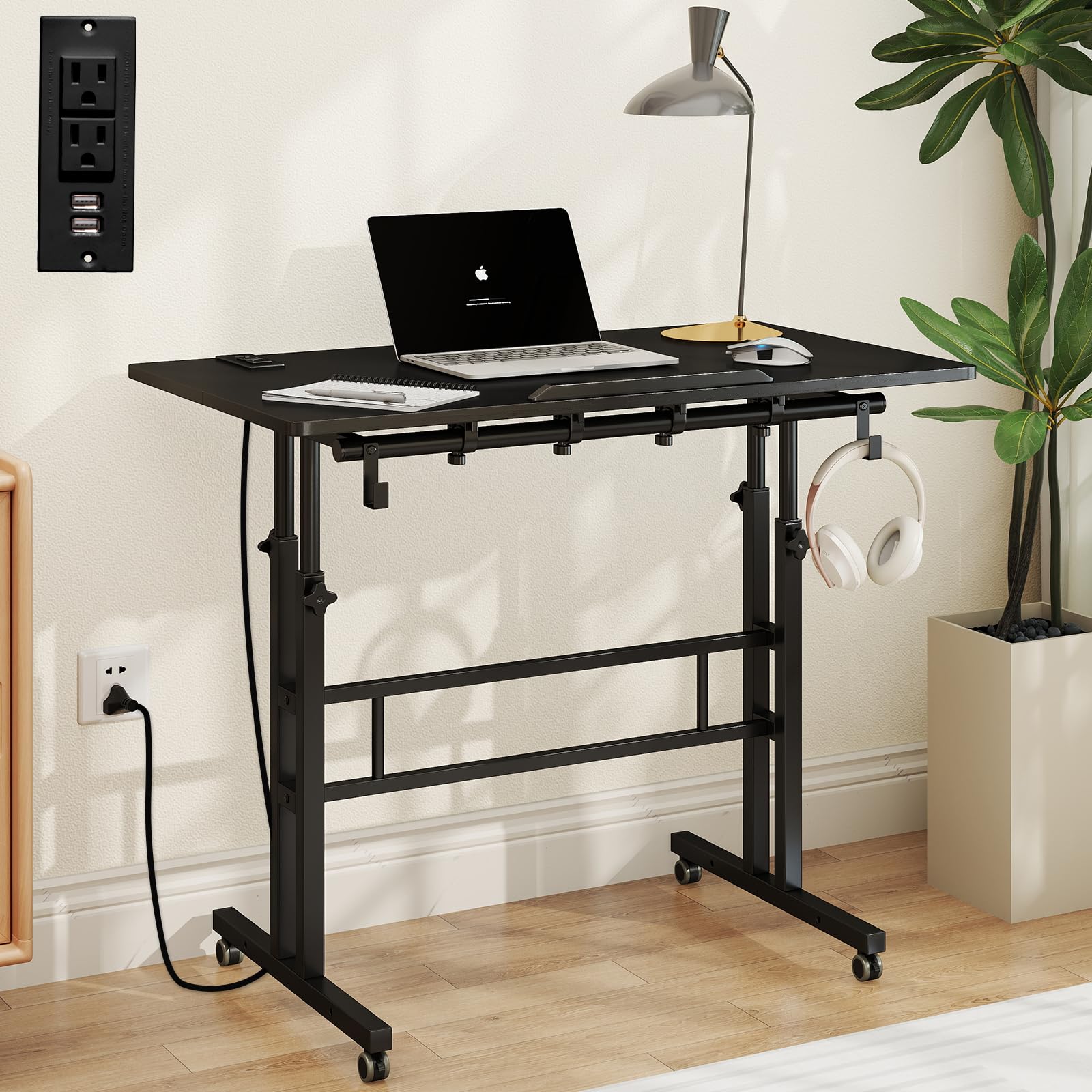 SIDUCAL Portable Standing Desk Adjustable Height, Rolling Computer Desk on Wheels, Mobile Home Office Workstation with USB Ports and Outlets, Laptop