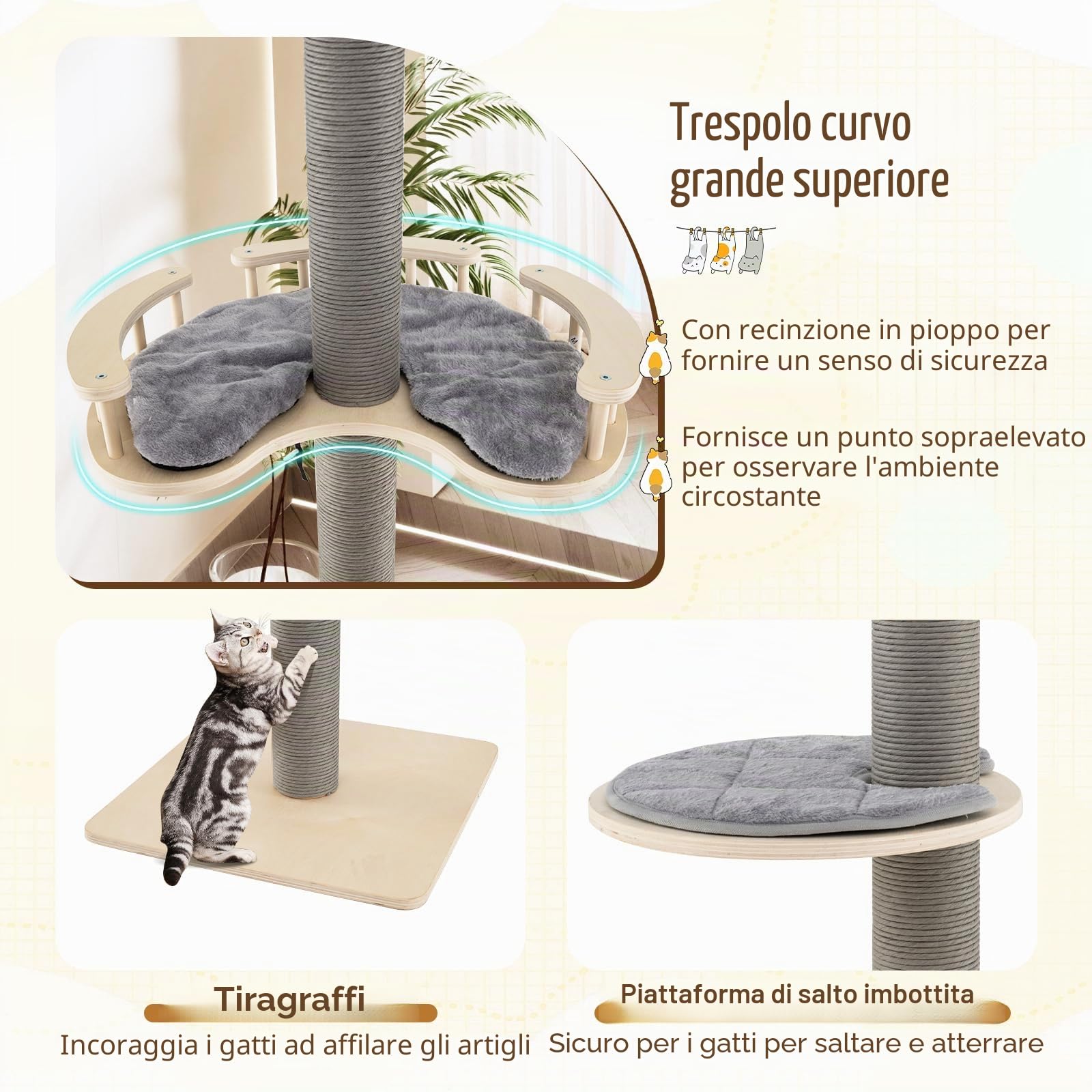 FANTASK Tiragraffi per gatti, a 5 piani, alto per gatti, dal pavimento al soffitto, con letto in peluche, amaca e piattaforme, albero da arrampicata in legno, 236-271 cm (grigio)