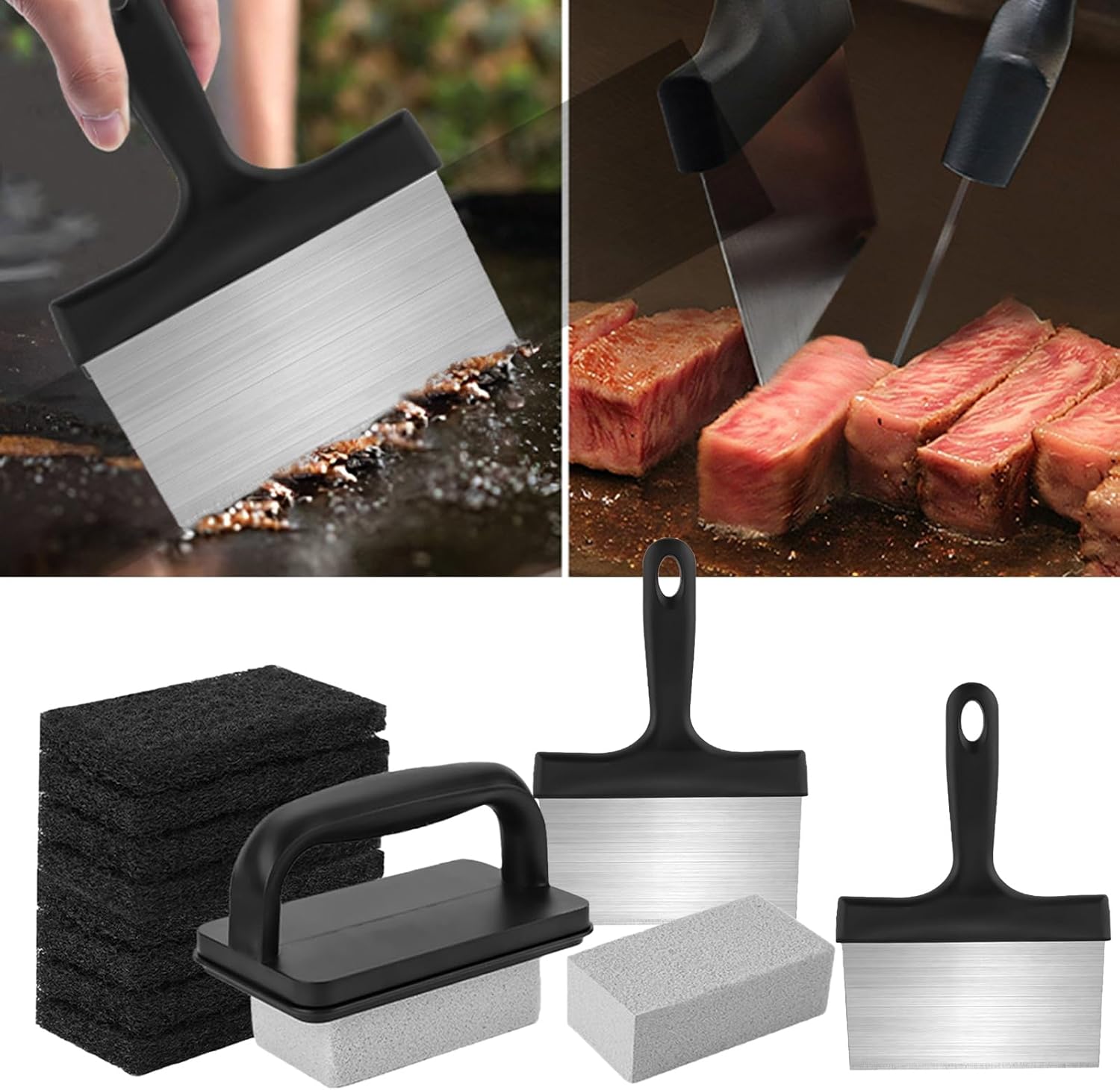 YOXIER Blackstone Ceaning Kit,Griddle Cleaning Kit,Heavy Duty Grill Cleaner Kit with Grill Stone,Griddle Scraper,& Griddle Brush with Stainless Steel Handle Easy to Use Flat Top Cleaning Kit Sets