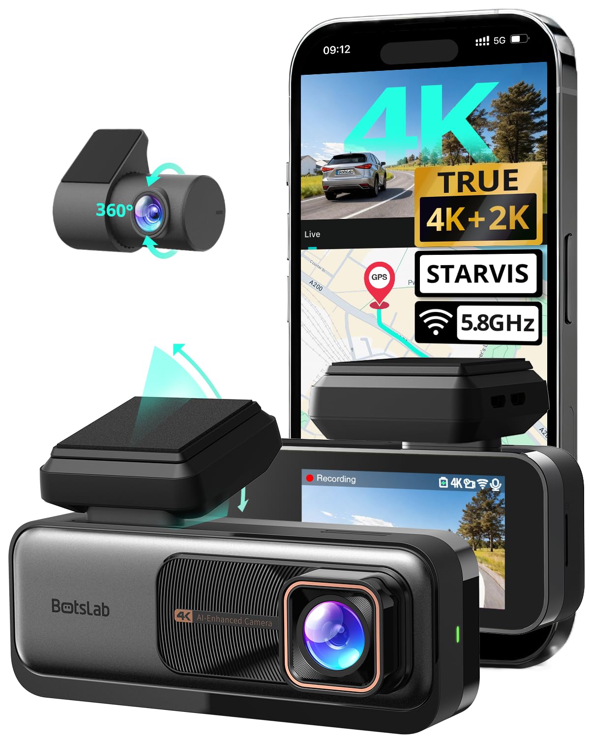 BOTSLAB Dashcam Auto Vorne Hinten, 4K Dashcam Auto GPS mit WiFi, Dual Autokamera mit ADAS, Nachtsicht, 170°Weitwinkel, 2,45" IPS, 24/7 Parküberwachung, Loop-Aufnahme (Enthält Keine Micro-SD-Karte)