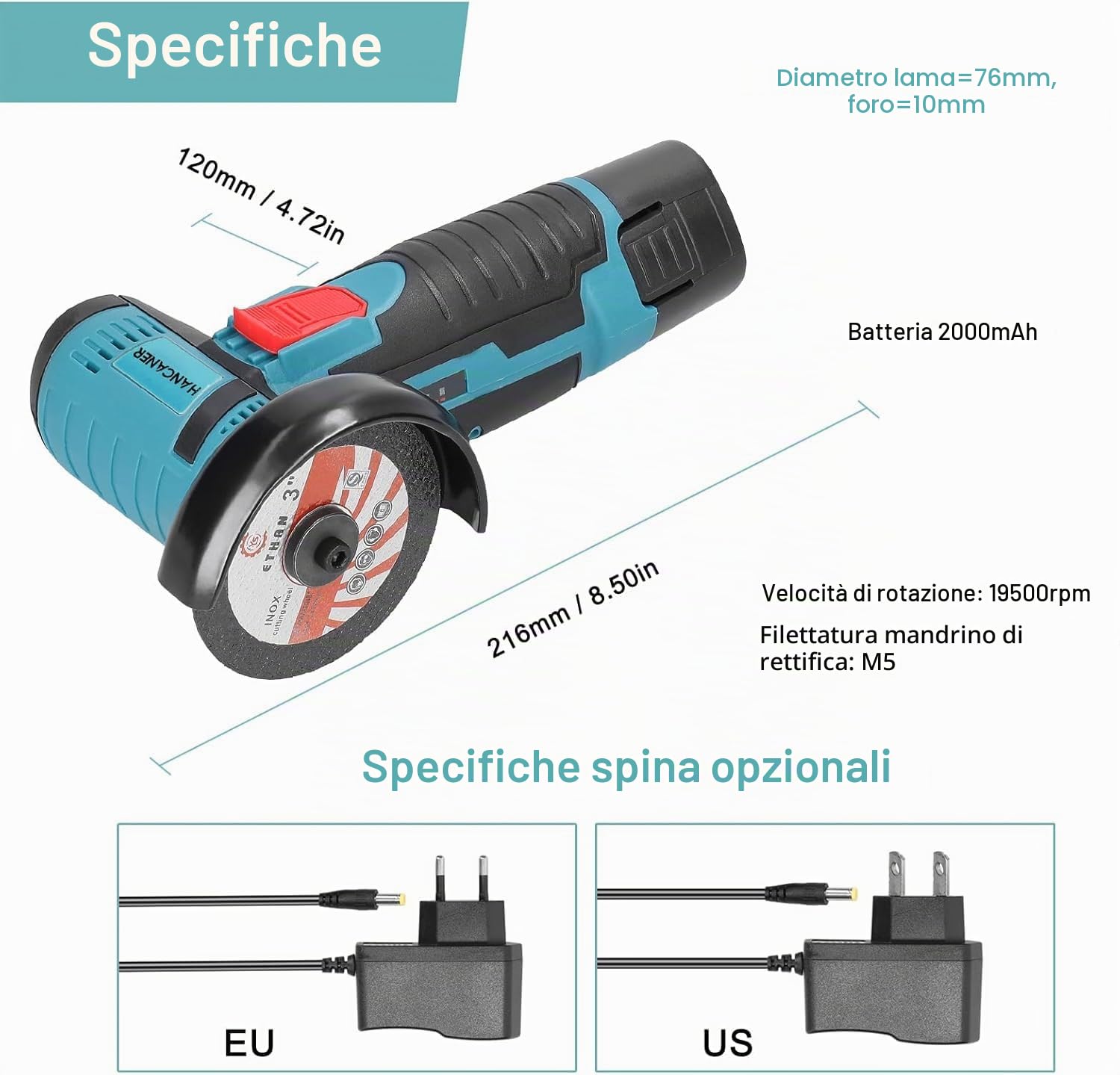 Hancaner Mini Smerigliatrice ad angolo senza fili 19500 RPM 12V Professional Dischiatore Senza Fili | 2 Batteria 2.0 Ah | 6 Dischi da Troncare 76mm | Smerigliatrice Angolare Senza Fili per Rettifica e