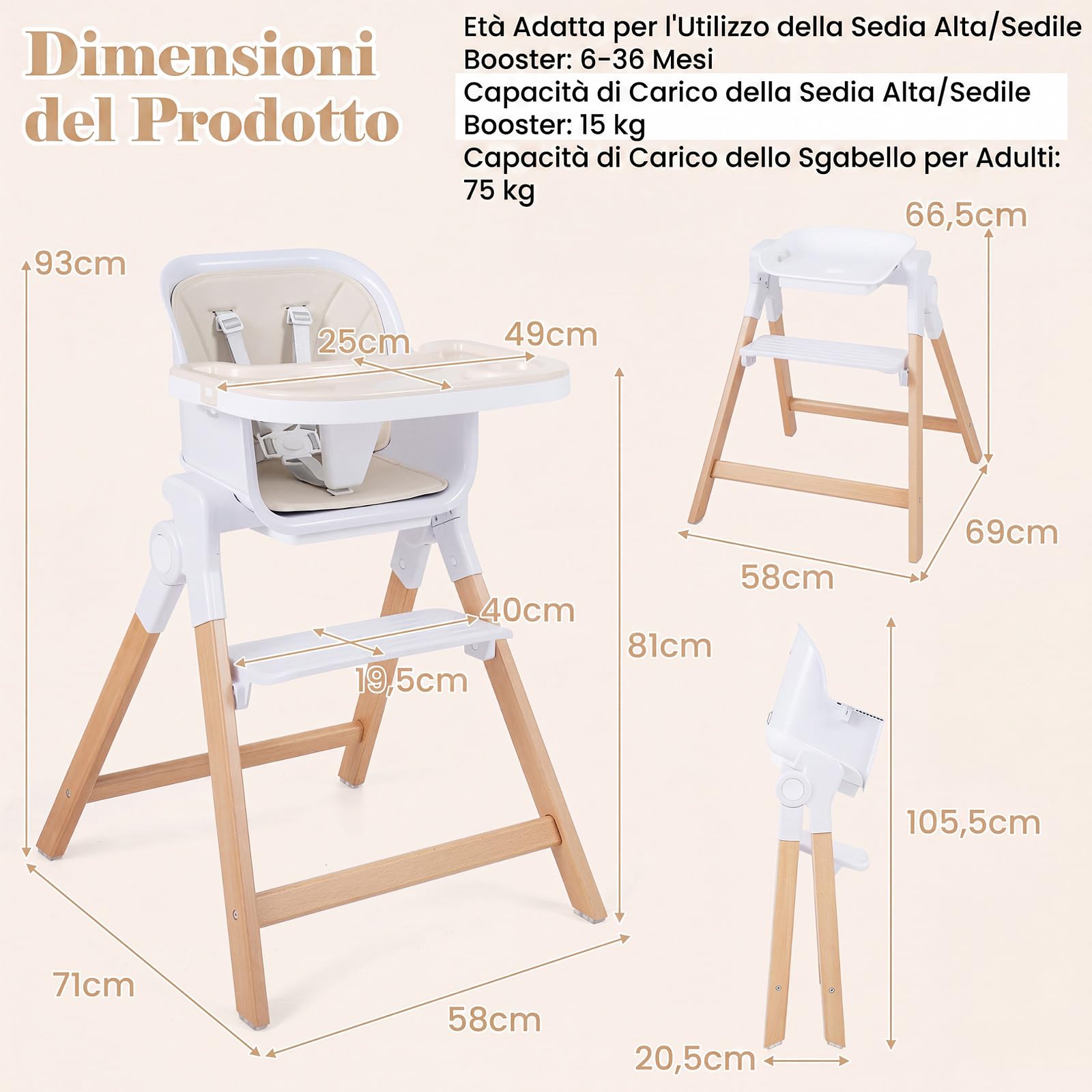 COSTWAY Seggiolone Pappa Pieghevole 4 in 1 con Cuscino di Seduta (Beige) | Seggiolone per Neonati 6-36 Mesi con Vassoi Rimovibili, Portabicchieri, Cintura di Sicurezza e Gambe in Legno