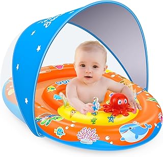 EZIGO Baby Pool Float with Canopy UPF 50+ Sun Protection, Double Air Chambers Infants