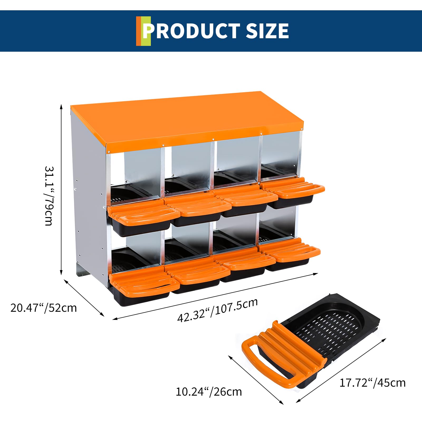 Legenester für Hühner, automatisches Rollauslauf-System, aus verzinktem Metall, langlebig, ideal für Hühnerstall, saubere Eier, Orange, acht Fächer.
