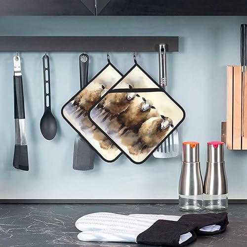 Miniatura 5 de 2 soportes para ollas con bolsillo para cocina, almohadillas calientes resistentes al calor para encimeras, ovejas, acuarela, horno, juego para