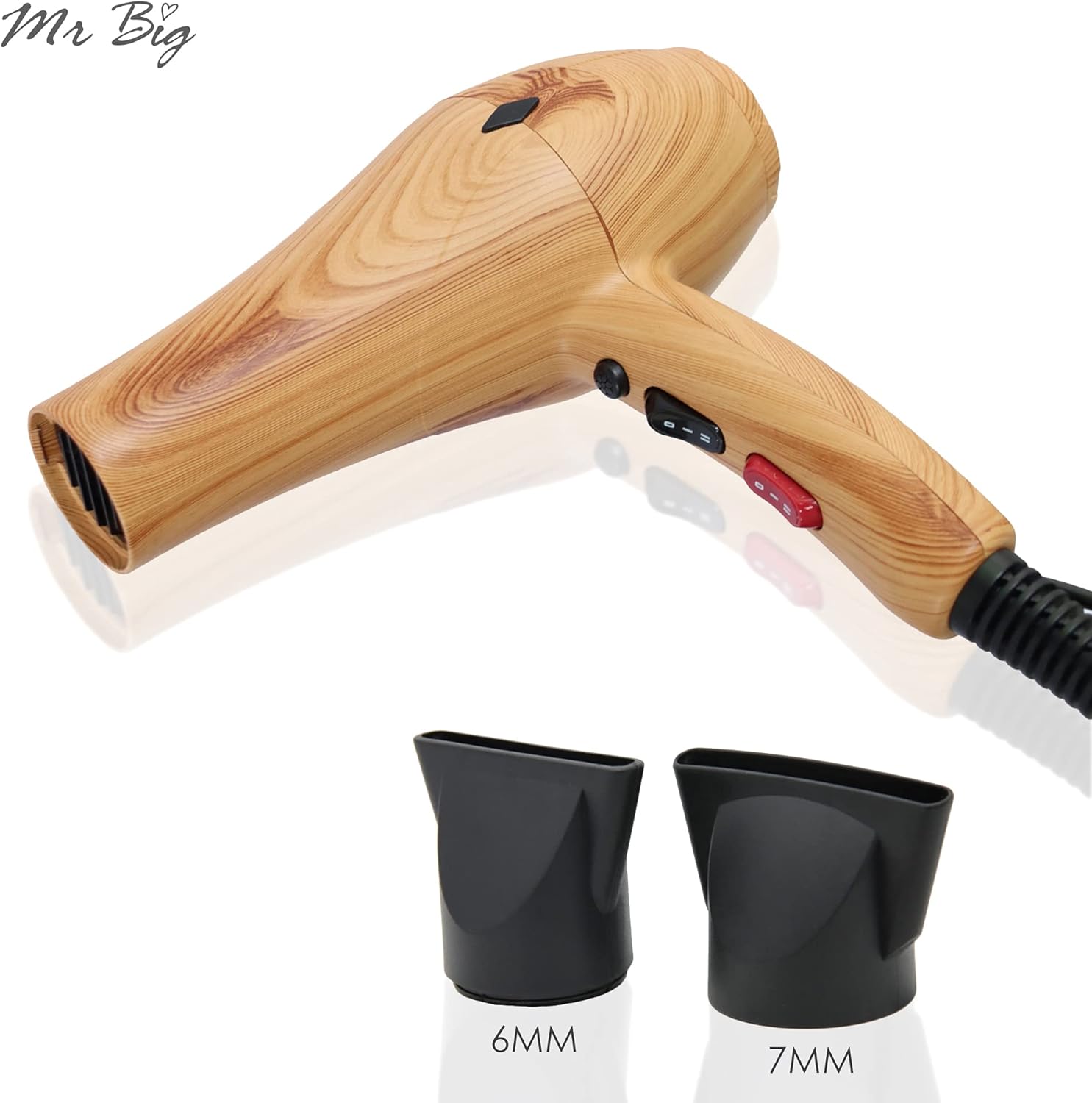 Mr Big Eco Pro Wood Grain Hair Dryer – Innovative Wood Look Design, Multiple Speed & Heat Settings, Cool Shot Button, 2 Concentrator Nozzles – Fast Drying, Frizz Control