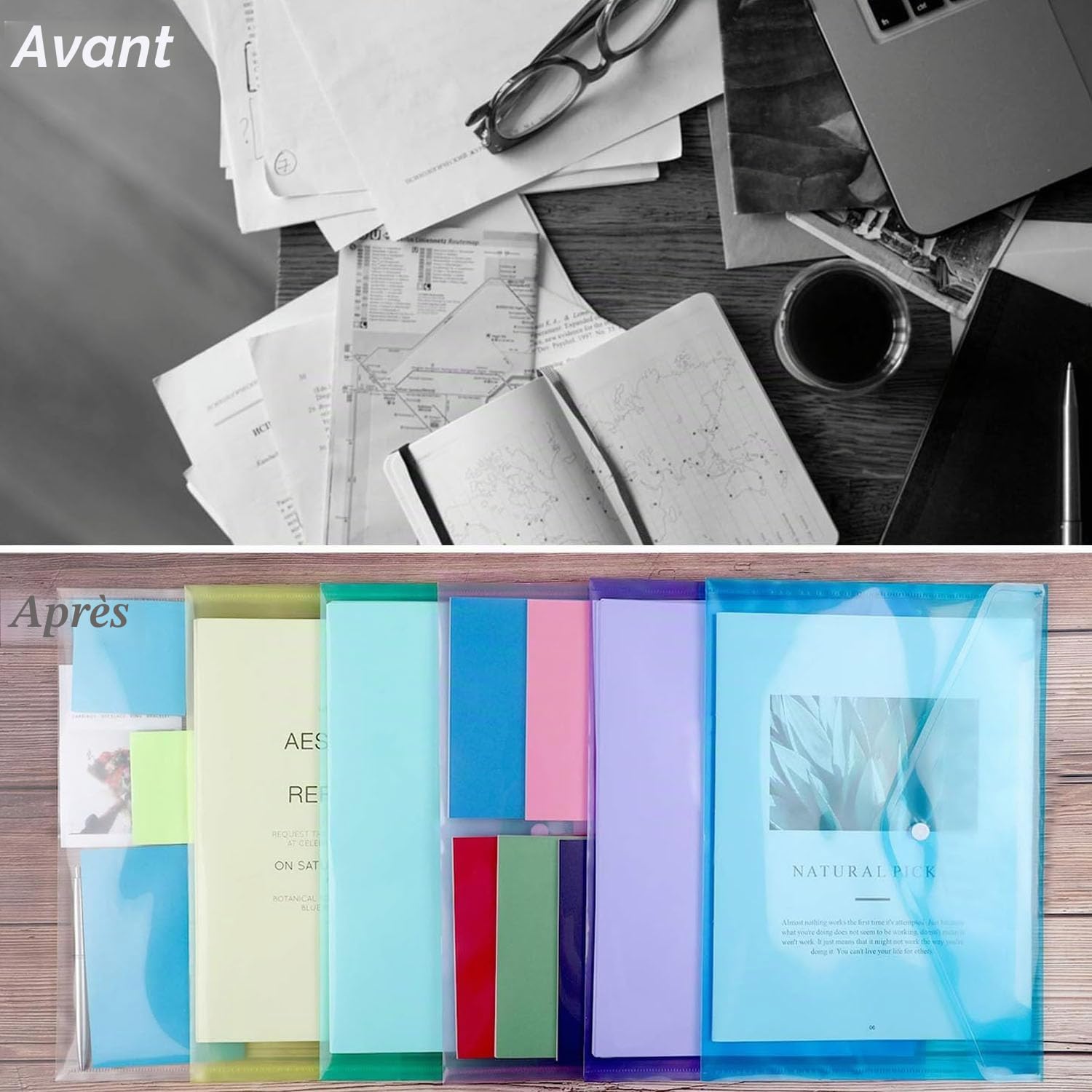 36 Pièces Pochette Plastique Documents, Pochette à Bouton Pression, Porte Document en Plastique Coloré, Dossiers en plastique transparent, pour Maison, Bureau, l'école (A4)