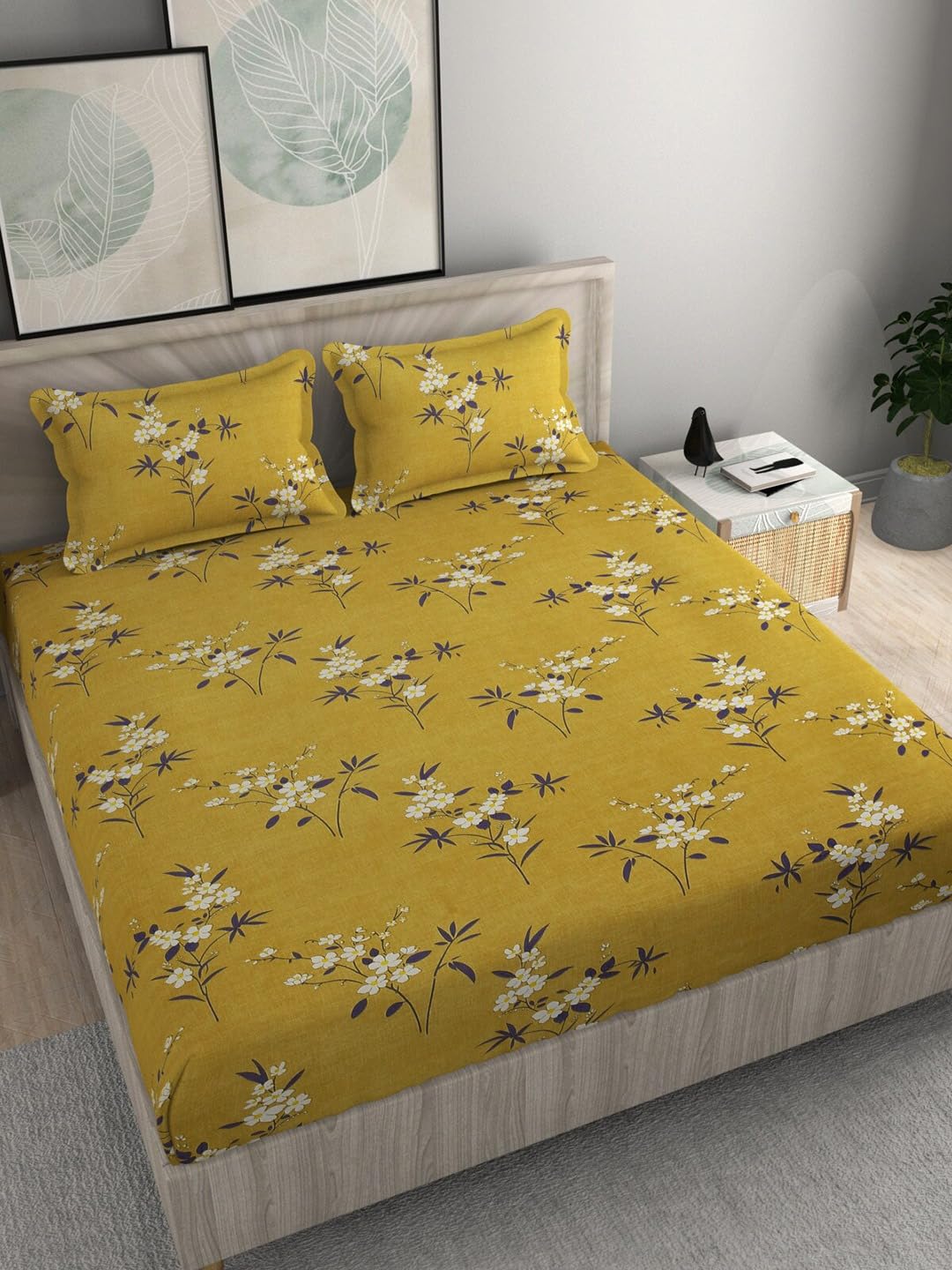 DECOMIZER Cotton Feel All Around Elastic Fitted Glace Printed Single Bed Bedsheet with 1 Large Pillow Cover Fits Upto Mattress of 6 Inches,Size - 42 x 75 x 8 Inches, Yellow Lily