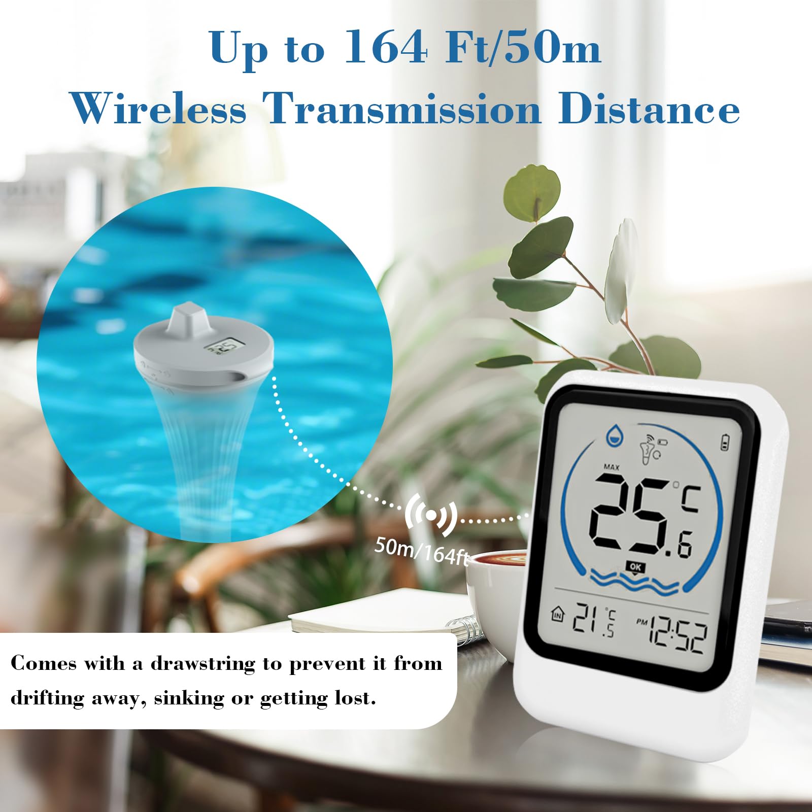 Pool Thermometer Funk, Digital Poolthermometer Schwimmend Funk mit IP68 Wasserdicht, Schwimmbadthermometer Wasserthermometer Digitales Thermometer für Pools, Badewannen, Schwimmbäder, Aquarium, Teich