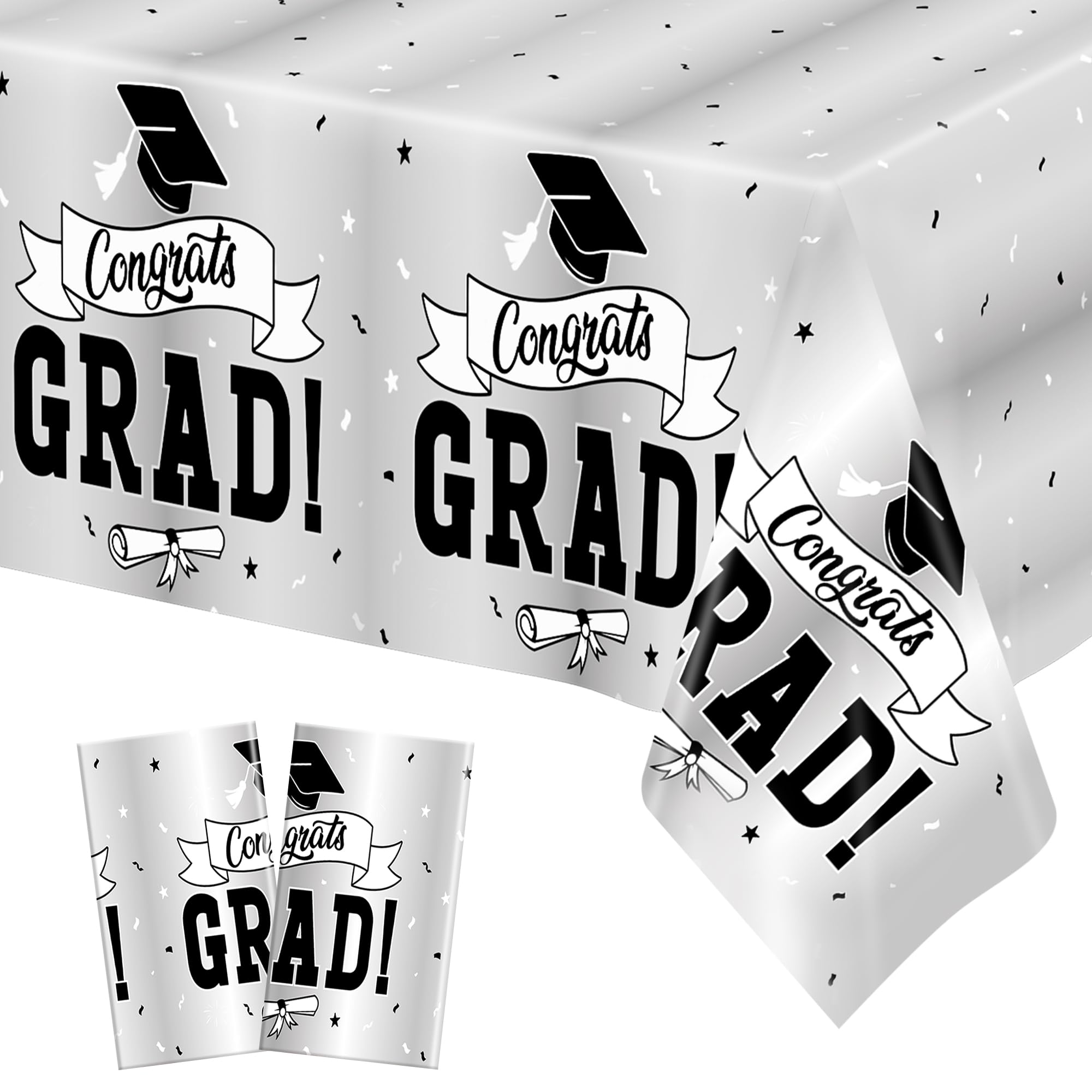 2 Pcs 2026 Graduation Table Decorations, 108" X 54" Silver Graduation Table Cloths, Rectangle TableCovers for Grad Party Supplies, Disposable Plastic Tablecover for Class 2026 Congrats Grad for Kids