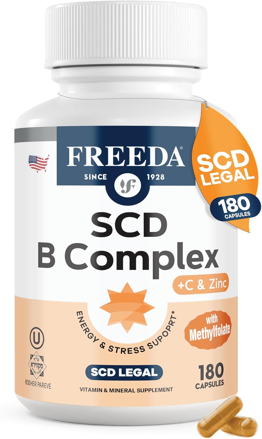 FREEDA Vitamin B Complex with Vitamin C & Zinc – Stress B Complex, Methylfolate & Active B12 + B1 B2 B3 B6 Biotin Choline – BComplex Vitamins for Women & Men – SCD Legal, Kosher, Vegan (180 Capsules)