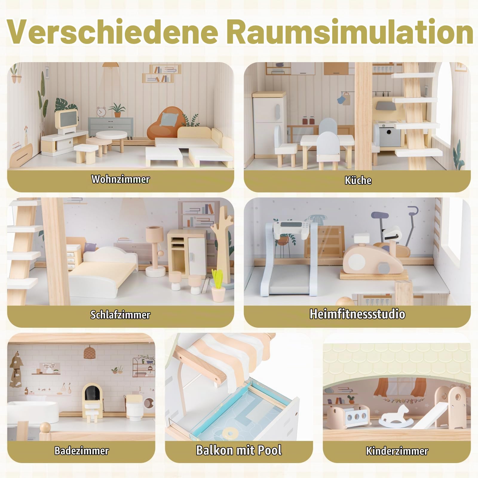 FANTASK Puppenhaus Holz, Puppen-Villa mit 33 Möbelstücken, Balkon & Pool, Puppenvilla Traumvilla, Kinder Dollhouse, Spielzeuggeschenk für Mädchen & Jungen ab 2 Jahren