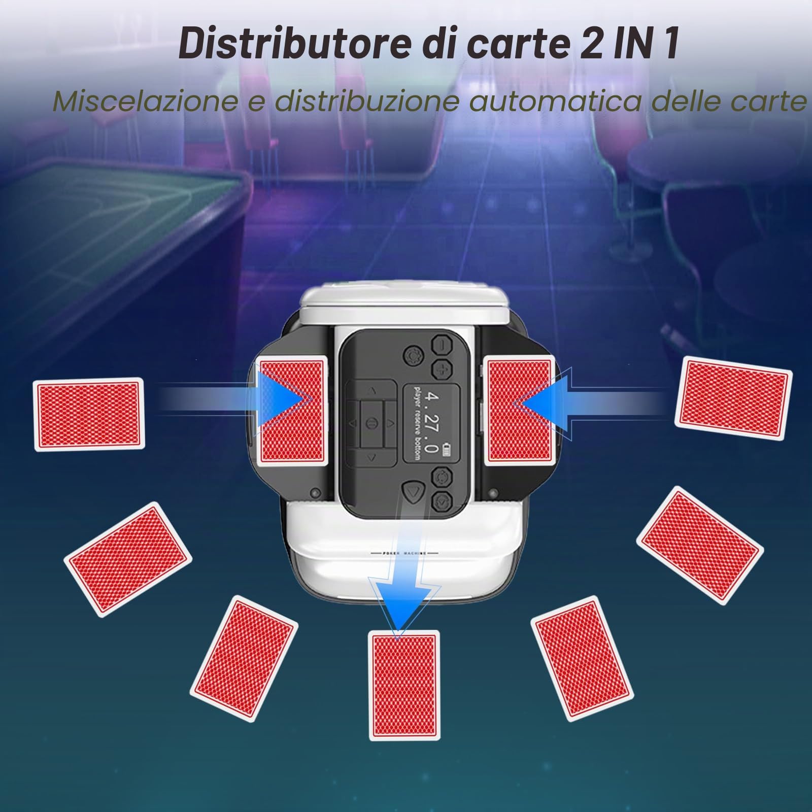 Mescolatore e Distributore Automatico di Carte, Rotazione 360° per 1–2 Mazzi, 1–8 Giocatori, mescolatore di carte elettrico per giochi come poker, UNO, blackjack, Texas Hold'em