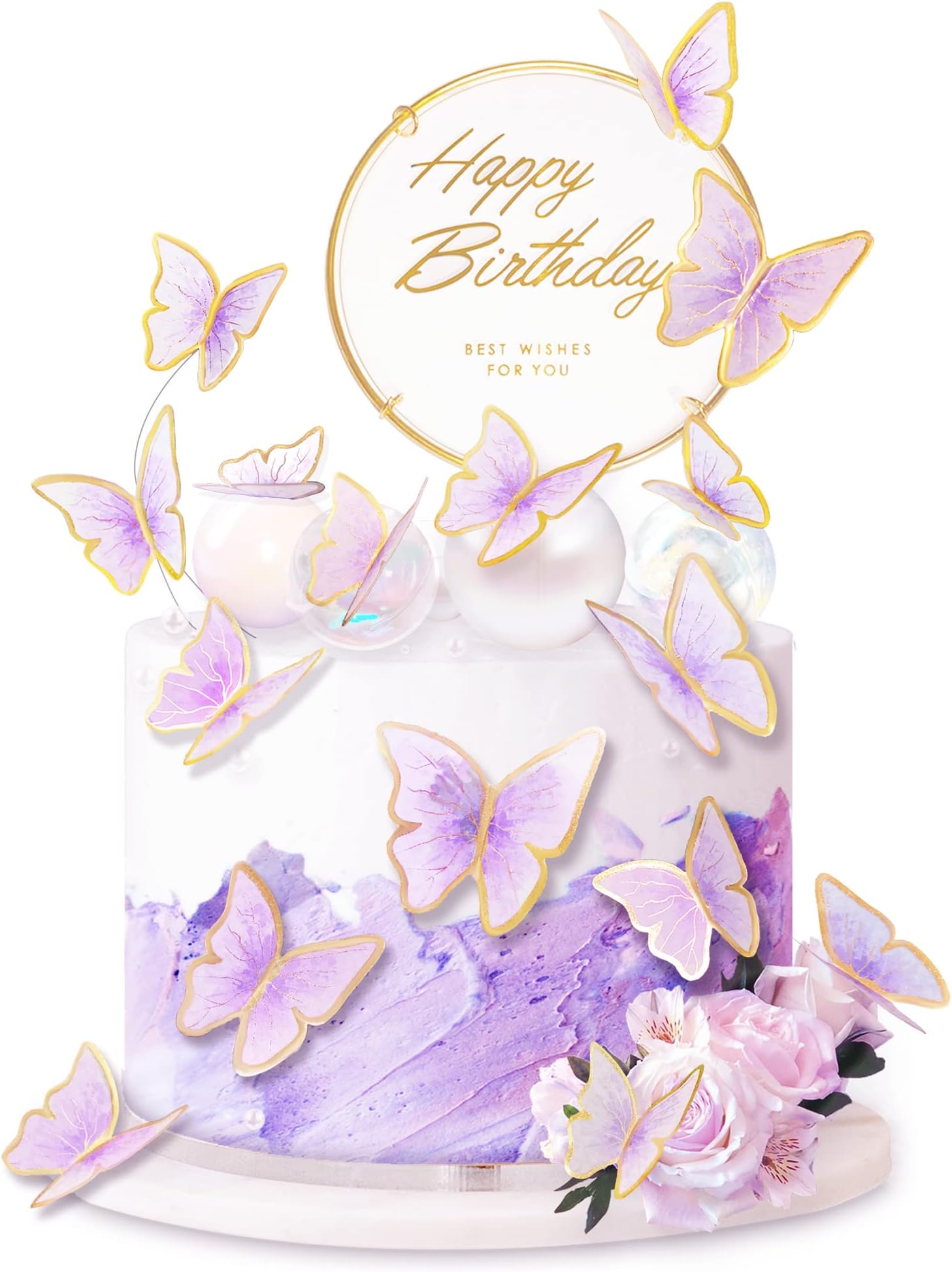SEERMIA 10-Pieces Purple Gold Butterfly Cake Toppers Happy Birthday 1-Metal Gold Birthday Cake Butterfly Party Decorations