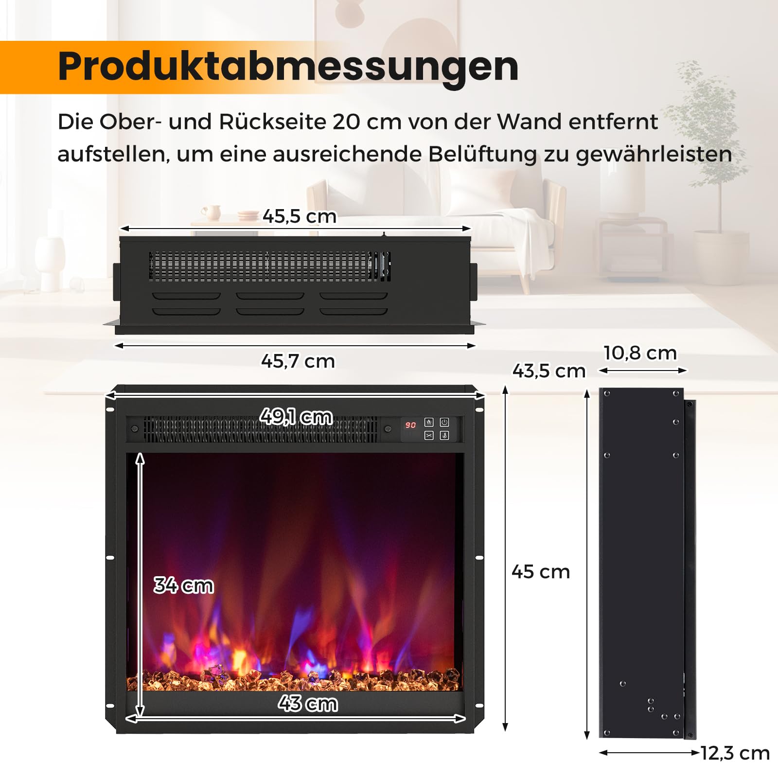 RELAX4LIFE 18" Elektrokamin mit heizung, schwebender Kamin mit LED-Ambientelicht & 3D-Flammeneffekt & Kristall-Glutbett, Deko Wandkamin mit Fernbedienung, 1500 W, 8 Flammenfarben, 9H-Timer, 17℃-32℃