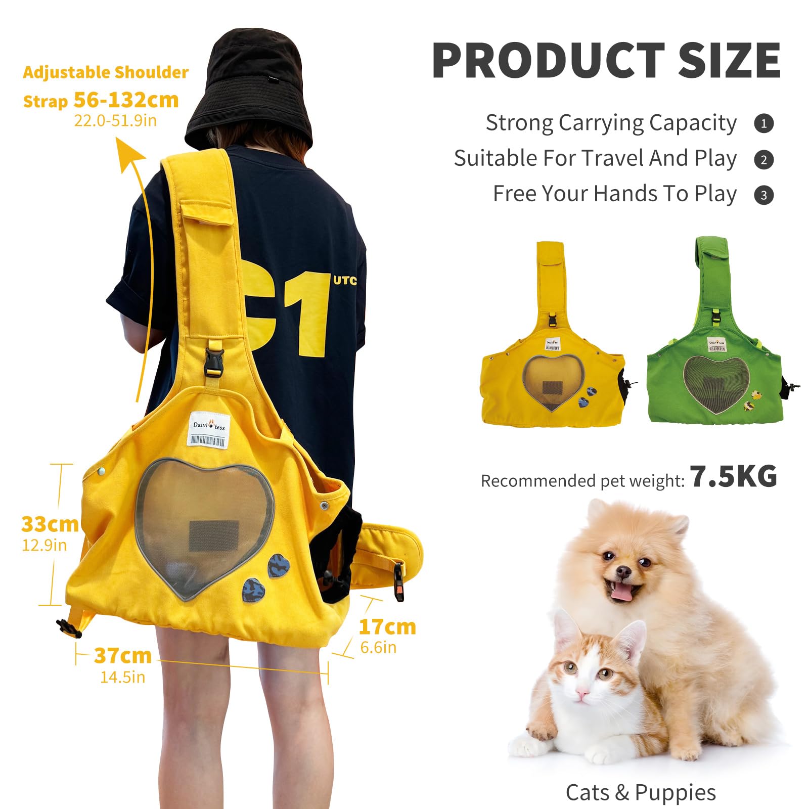 PETCUTE Borsa da trasporto per cani regolabile, tracolla ergonomica a mani libere per animali medi (10 kg max.) - Uso esterno/viaggio/metropolitana (giallo)
