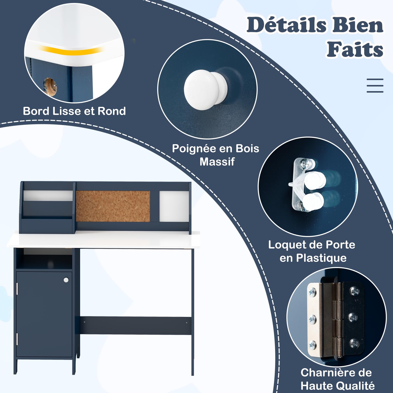 DREAMADE Bureau Enfant en Bois avec Chaise Ergonomique,Table d'Etude et Chaise Enfants avec Étagère,Tableau Blanc,Tableau d'Affichage,Marqueur,90x45x85,5CM (Bleu)