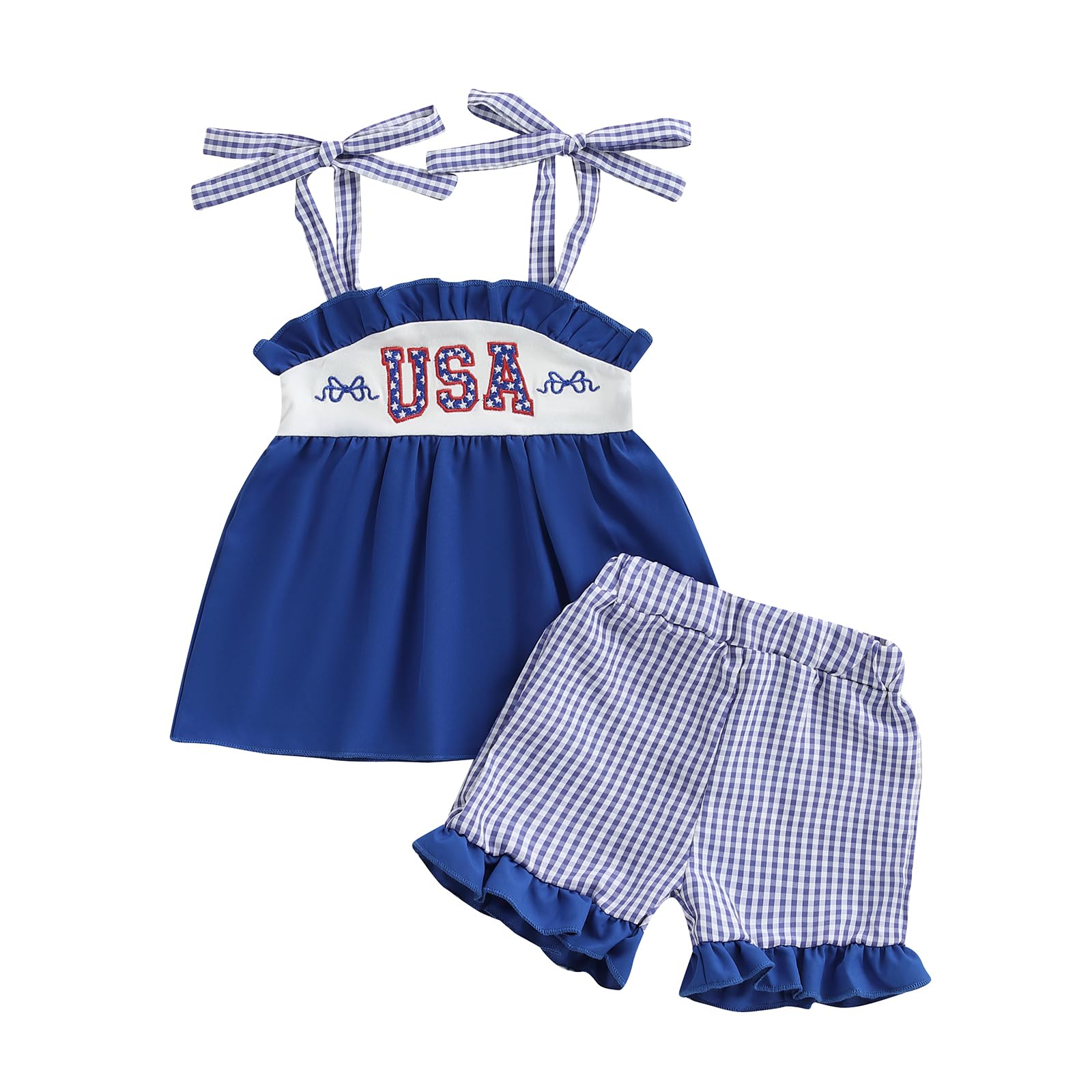 Toddler Baby Girl 4th of July Outfit Star Tie Shoulder Cami Tops Plaid Elastic Ruffle Shorts Set 2 Piece Clothes (A-Blue Letter, 0-6 Months)