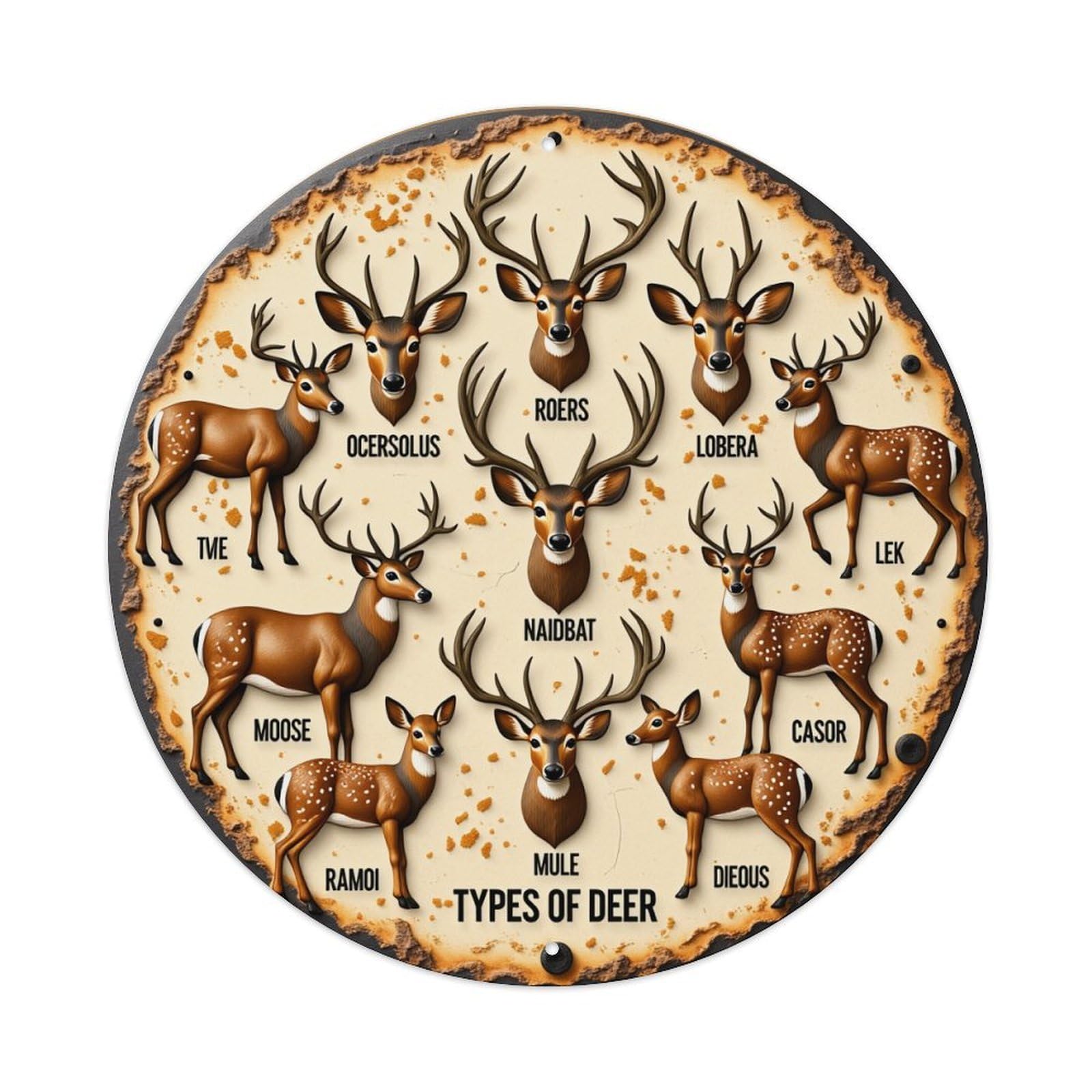Deer Species Circular Design Pattern Round Tin Sign Vintage Metal Poster, Home Bar Garage Man Cave Cafe Indoor & Outdoor Wall Decoration 8x8Inches