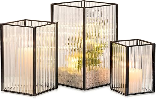 Hewory Portavelas negro de huracán 3 portavelas de cristal de huracán acanalado para velas de pilar, portavelas de pilar cuadrado para centro de