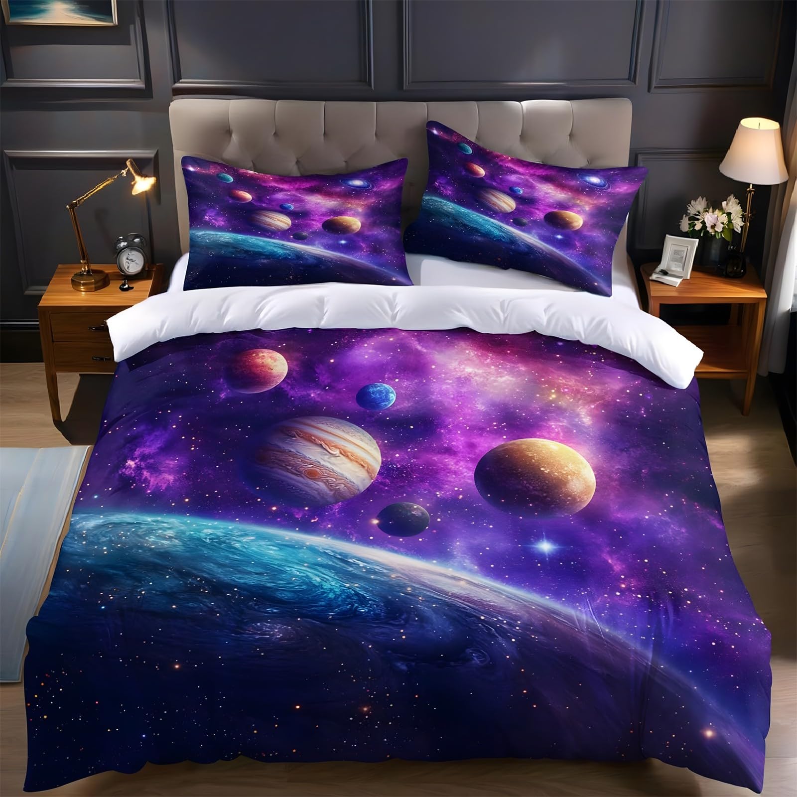 Ypthriline King Size Duvet Cover Sets Universe Bedding Set Microfiber Purple Duvet Covers with Pillowcases Reversible Bedding With Zipper Closure 230x220CM