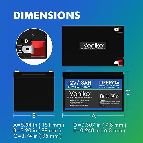 Miniatura 3 de Voniko Batería de litio LiFePO4 de 12 V 18 Ah, más de 2000 ciclos, batería recargable de fosfato de hierro y litio integrada de 20 A, BMS de 20 A,