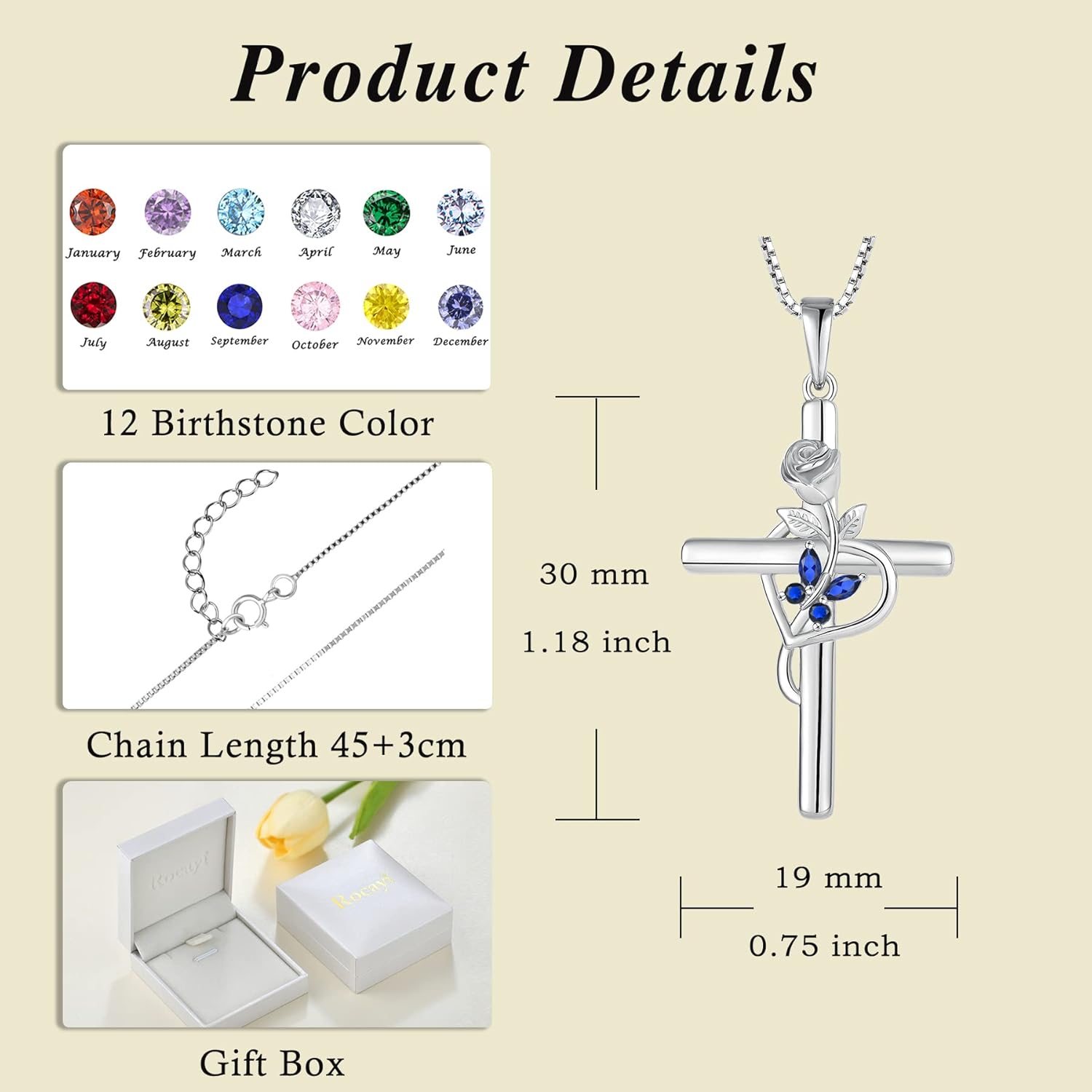 Butterfly Cross Necklace for Women 925 Sterling Silver Rose Flower Pendant Birthstone Created Gemstone Jewelry for Women Wife Mother Daughter Her