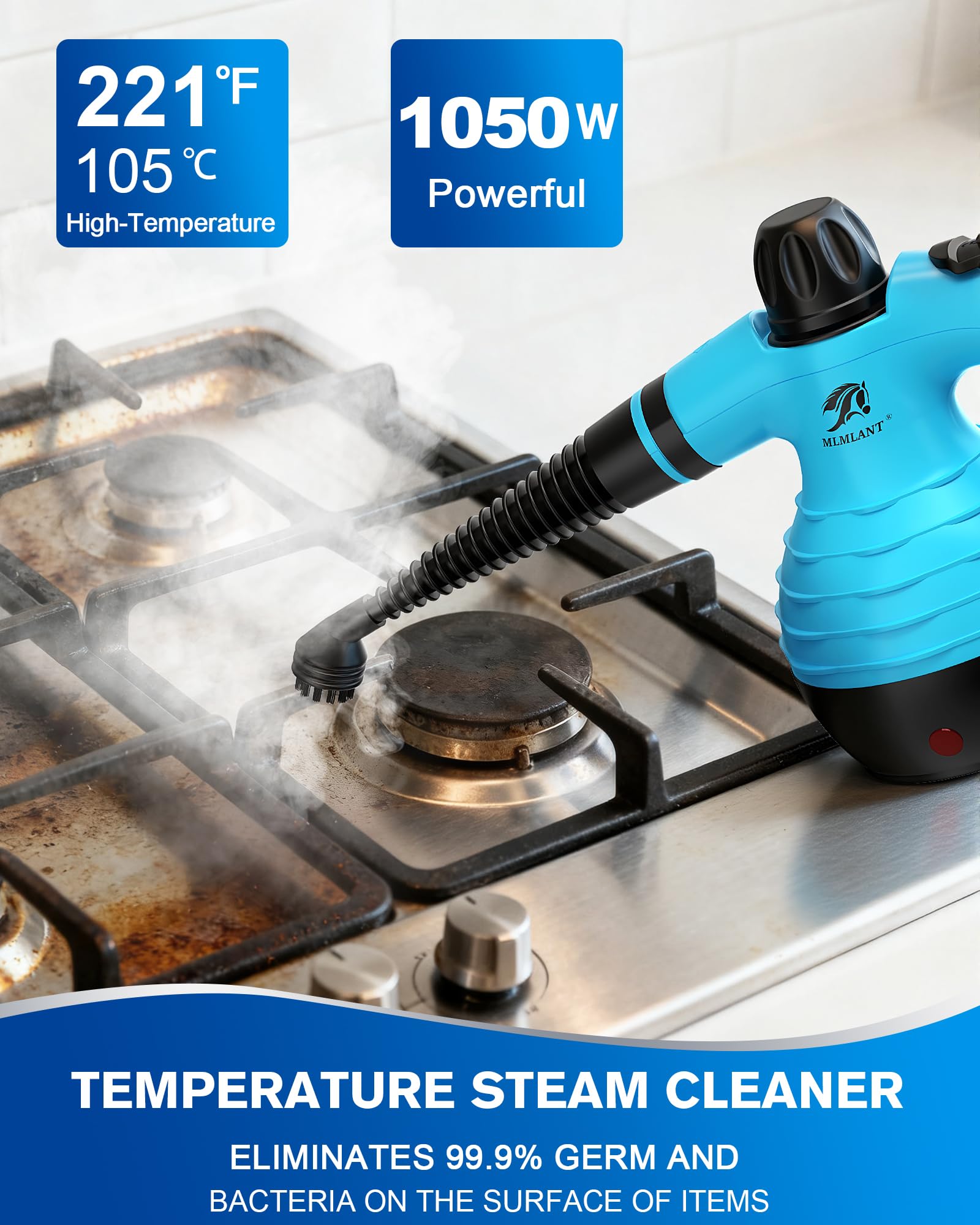 MLMLANT Nettoyeur vapeur avec 10 accessoires et verrouillage de sécurité. Convient pour nettoyer les sièges de voiture, la graisse de cuisine, les canapés et plus encore (bleu ciel)