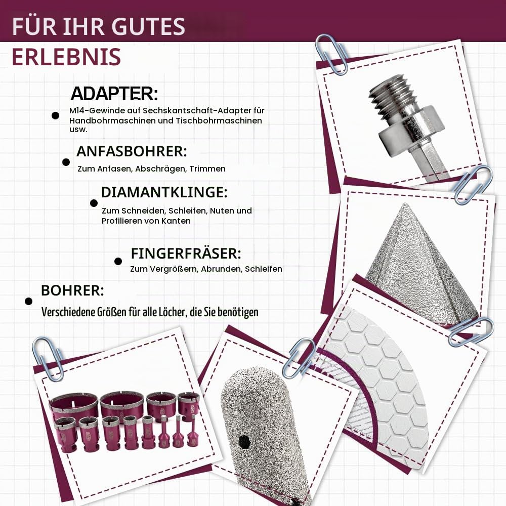 Diamant Fliesenbohrer Set 12 Stücke - 6/6/8/20/35/50/68/110mm x M14 Bohrkronen, 20mm Fingerfräser, 50mm Fasenfräser, Adapter, 125mm Schleifscheibe für Fliesen Keramik Porzellan Marmor Granit