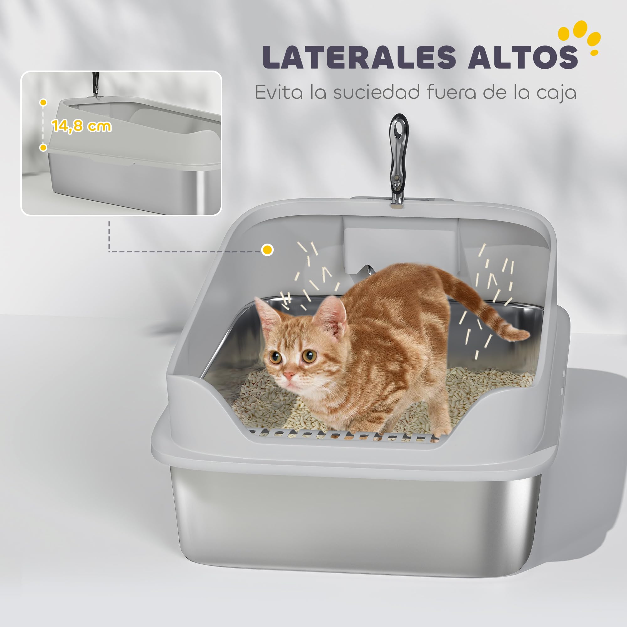 PawHut Arenero para Gatos de Acero Inoxidable XXL 69,8x50,3x29,8 cm Gris | Caja de Arena para Gatos, Arenero con Borde Alto, Pala Metálica, Fácil de Limpiar, Prueba de Fugas