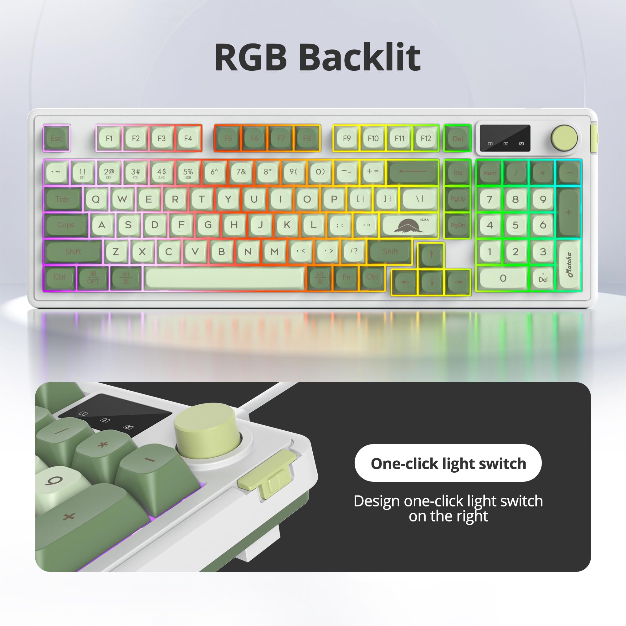 SOLIDEE Teclado de Membrana Inalámbrico 96% con Perilla,Cableado/Bluetooth 5.0/2.4G,Estructura Gasket,Retroiluminación RGB,98 Teclas Silenciosas con Sensación Mecánica,Teclado Numérico(Matcha)