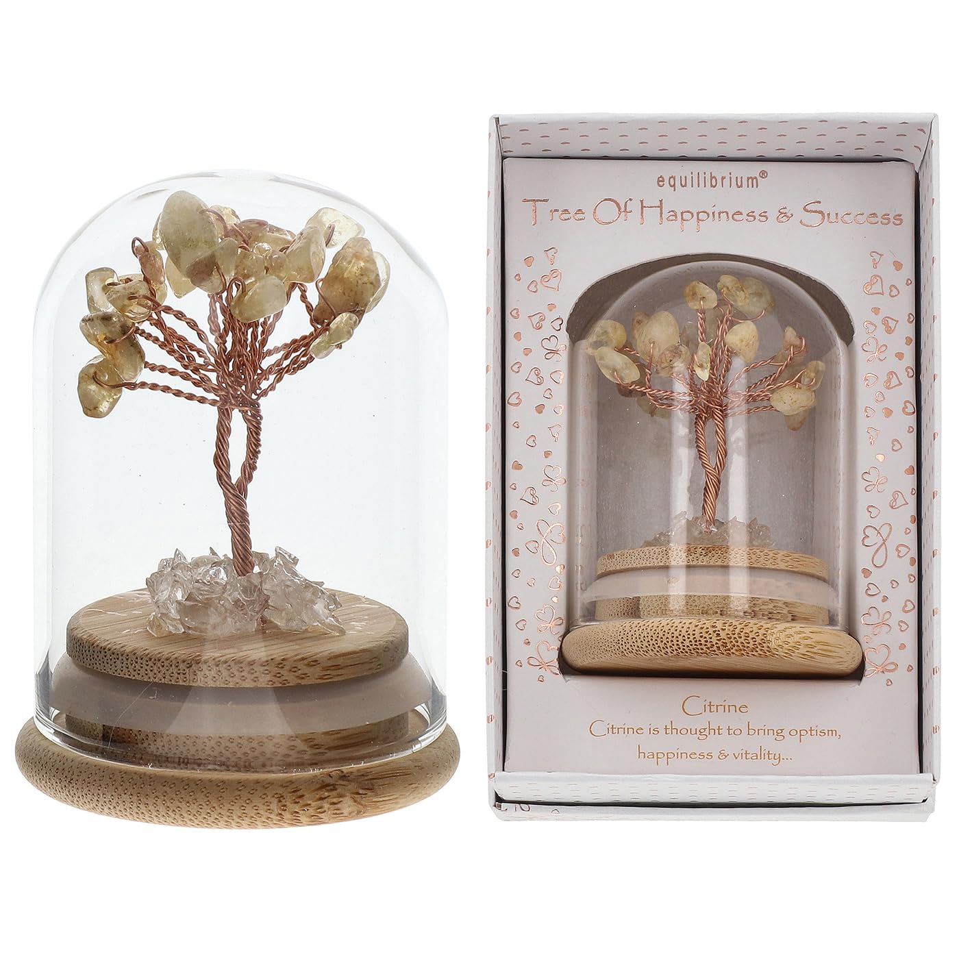 Equilibrium Citrine Chakra Tree In Glass Dome Crystal Gemstone Bonsai Tree With Wooden Base Mixed 7 Chakras Rose Quartz Amethyst Aventurine Lapis Lazuli Strawberry Quartz (Citrine)