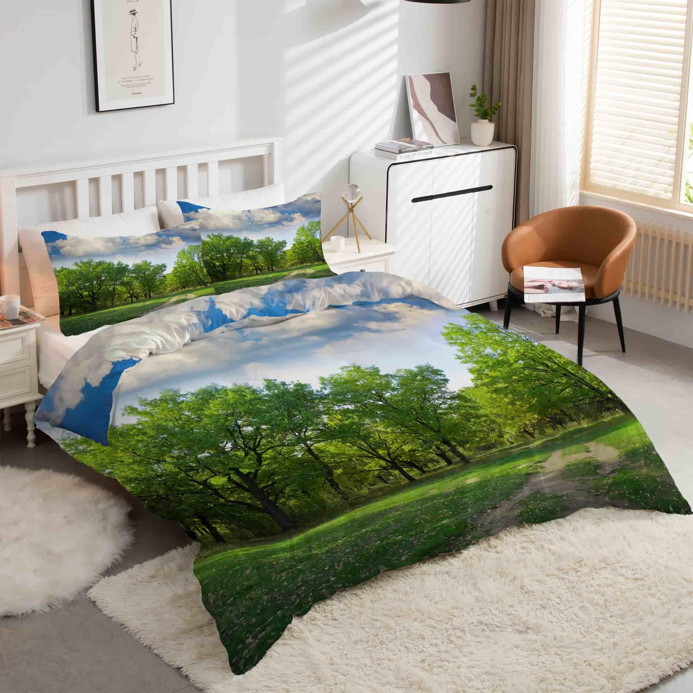 Housse de couette 160x200 fermeture éclair parure de lit infroissable motif forêt entretien facile